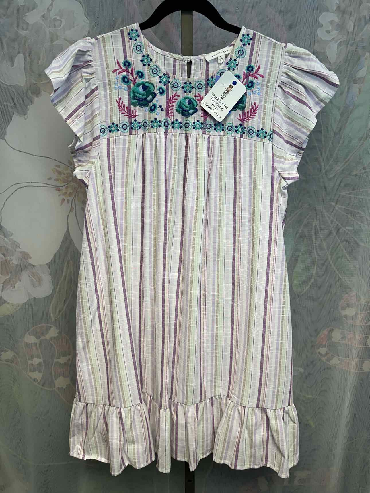 August Sky Large White/Lavender NEW NWT smock, striped, floral embroidered