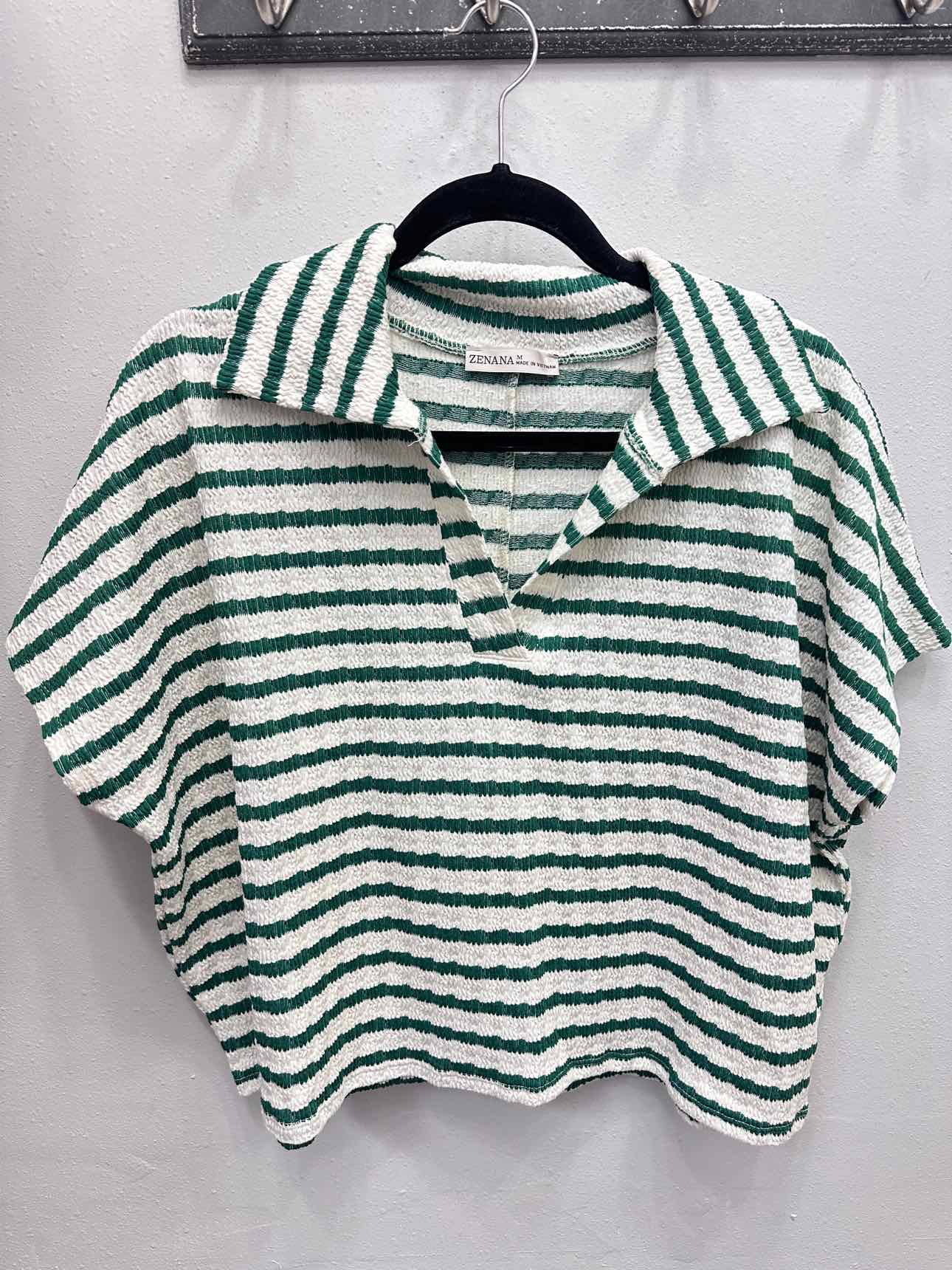 Zenana Size Striped Short Sleeve Collar Cropped Top