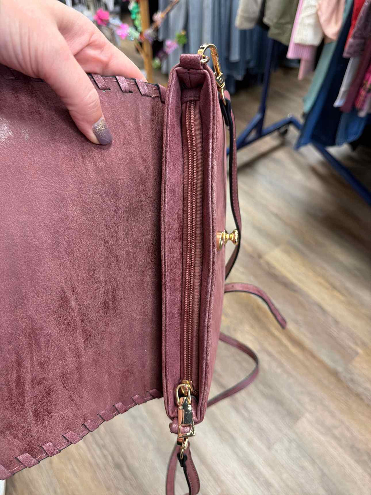 Mauve Faux Leather Clutch Whipstitched Edge