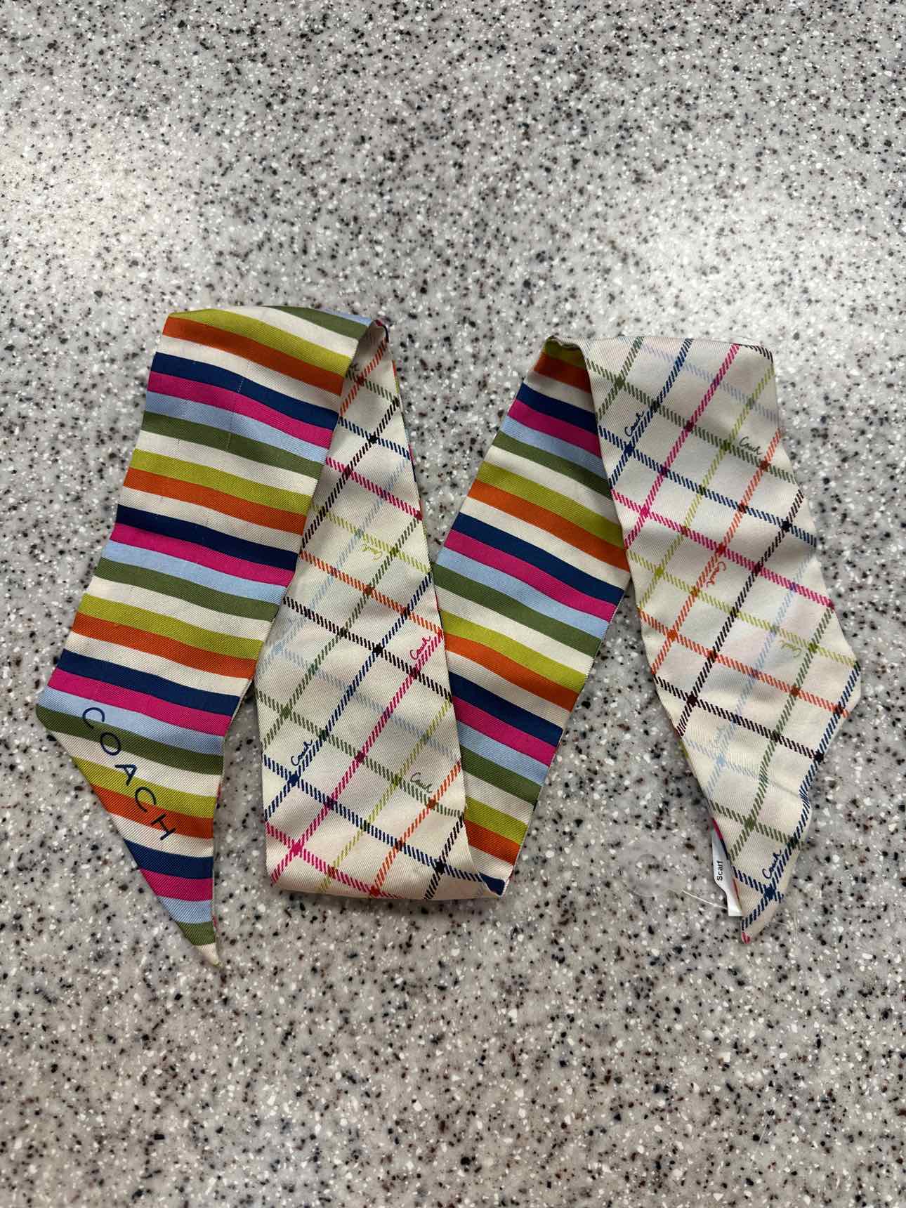Coach Skinny Tattersall Silk Stripe and Classic Check Print Scarf