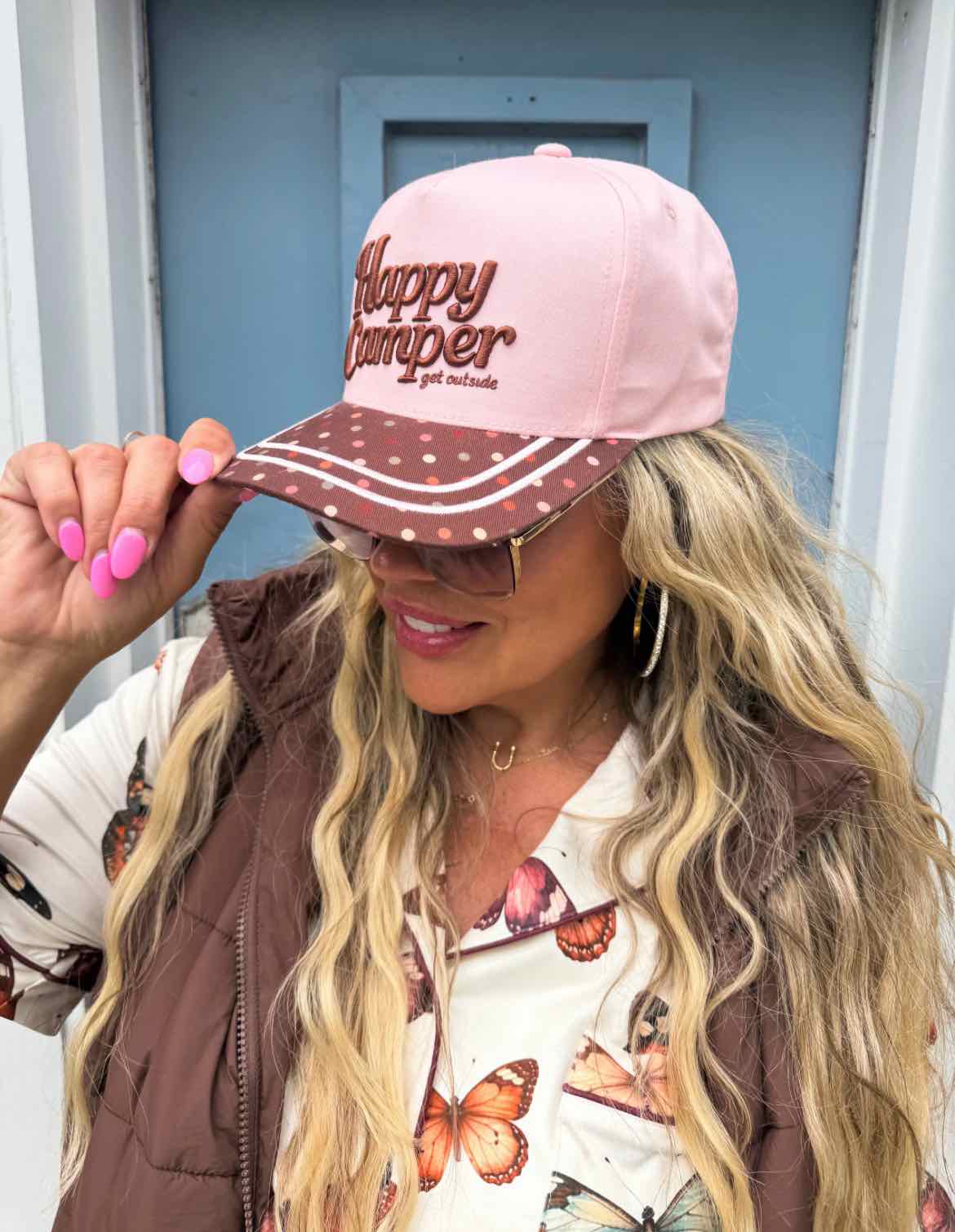 Happy Camper Embroidered Stitching Floral or Dotted Print Trucker Hat