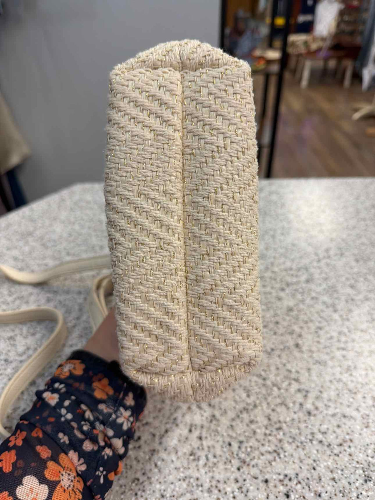 Madison West Cream Woven Canvas Gold Shimmer Crossbody Wristlet