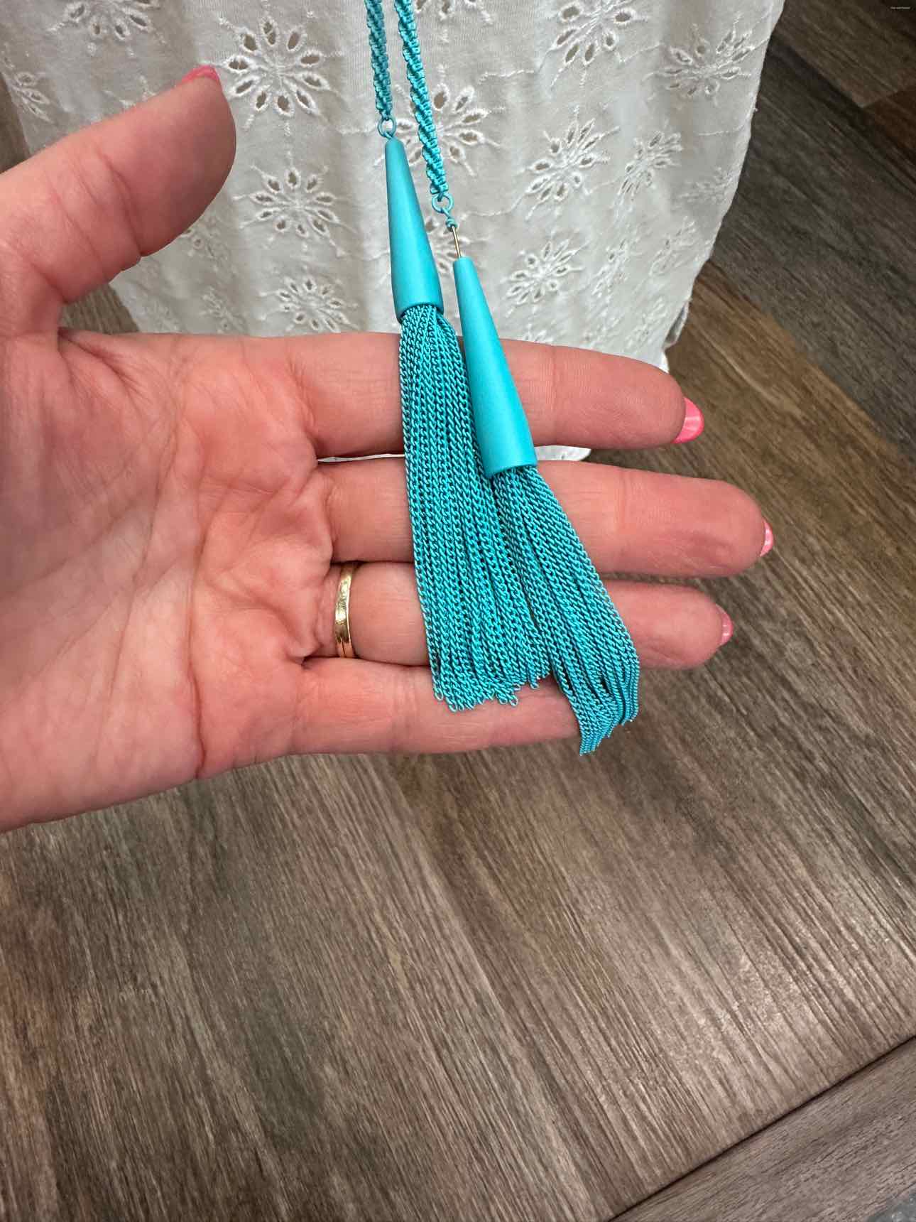 Kendra Scott Phara Matte Aqua Lariat Tassel Fringe Braided Rope Necklace