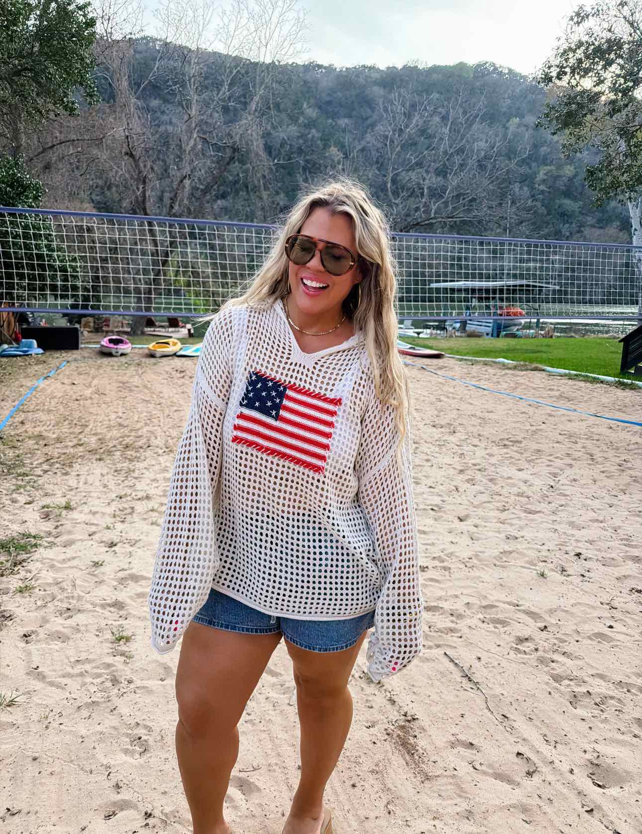 Freedom Flag Patch Crochet Pullover Patriotic 4th of July Flag Hoodie