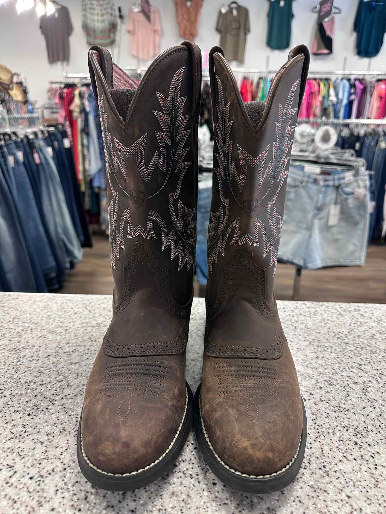 Ariat Size 9B Heritage Distressed Leather Stitch Western Dark Brown Cowboy Boots