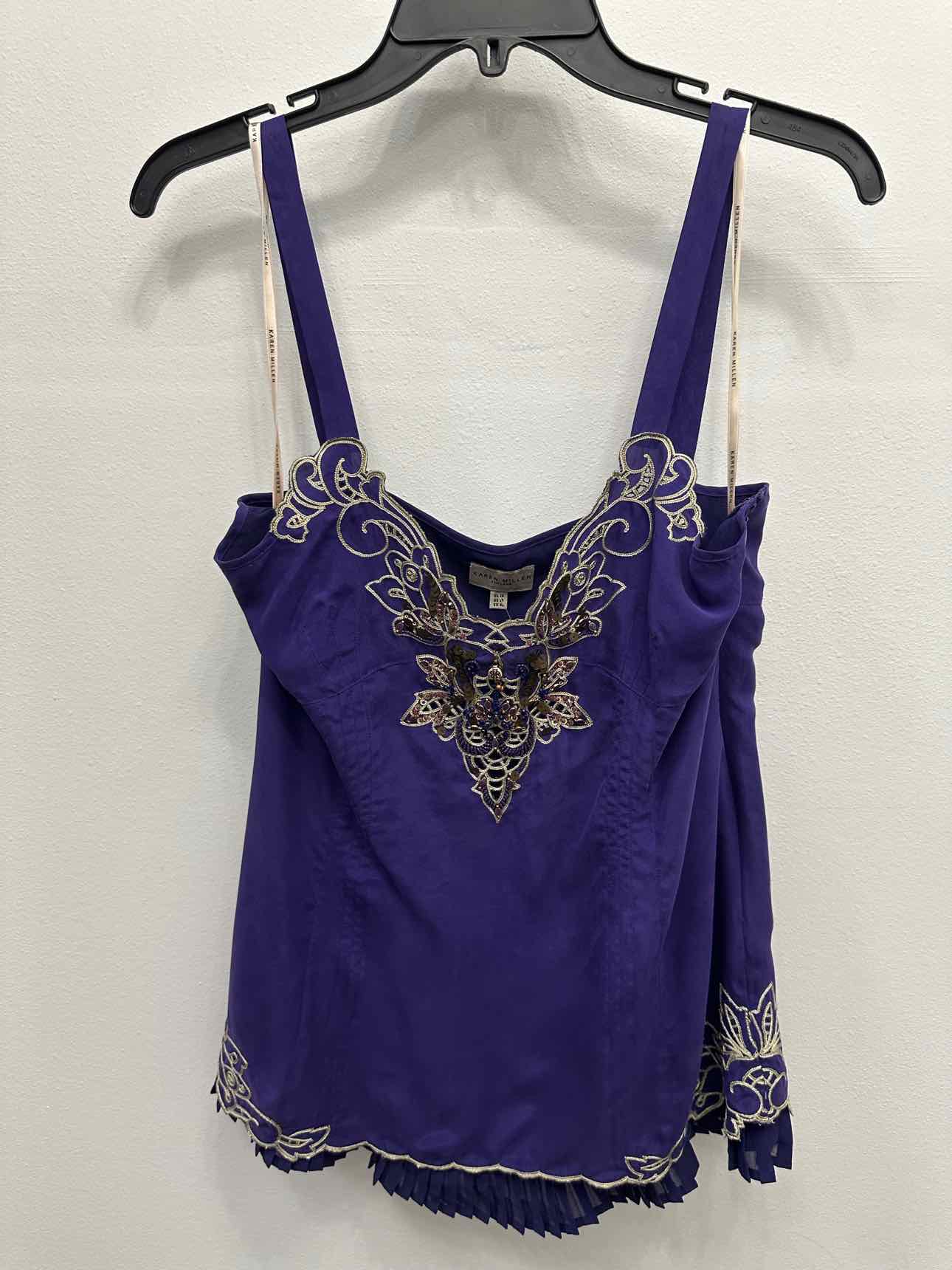 Karen Millen 100% Silk Embroidered Beaded Neck Size 10 purple Pleated Tank Top