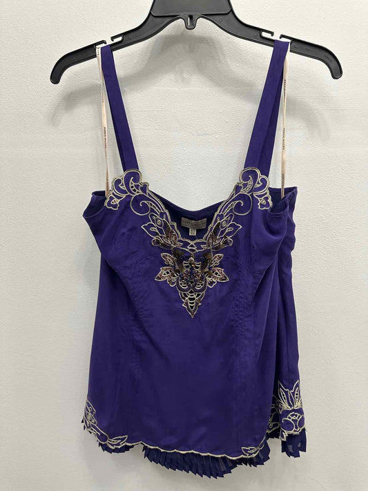 Karen Millen 100% Silk Embroidered Beaded Neck Size 10 purple Pleated Tank Top