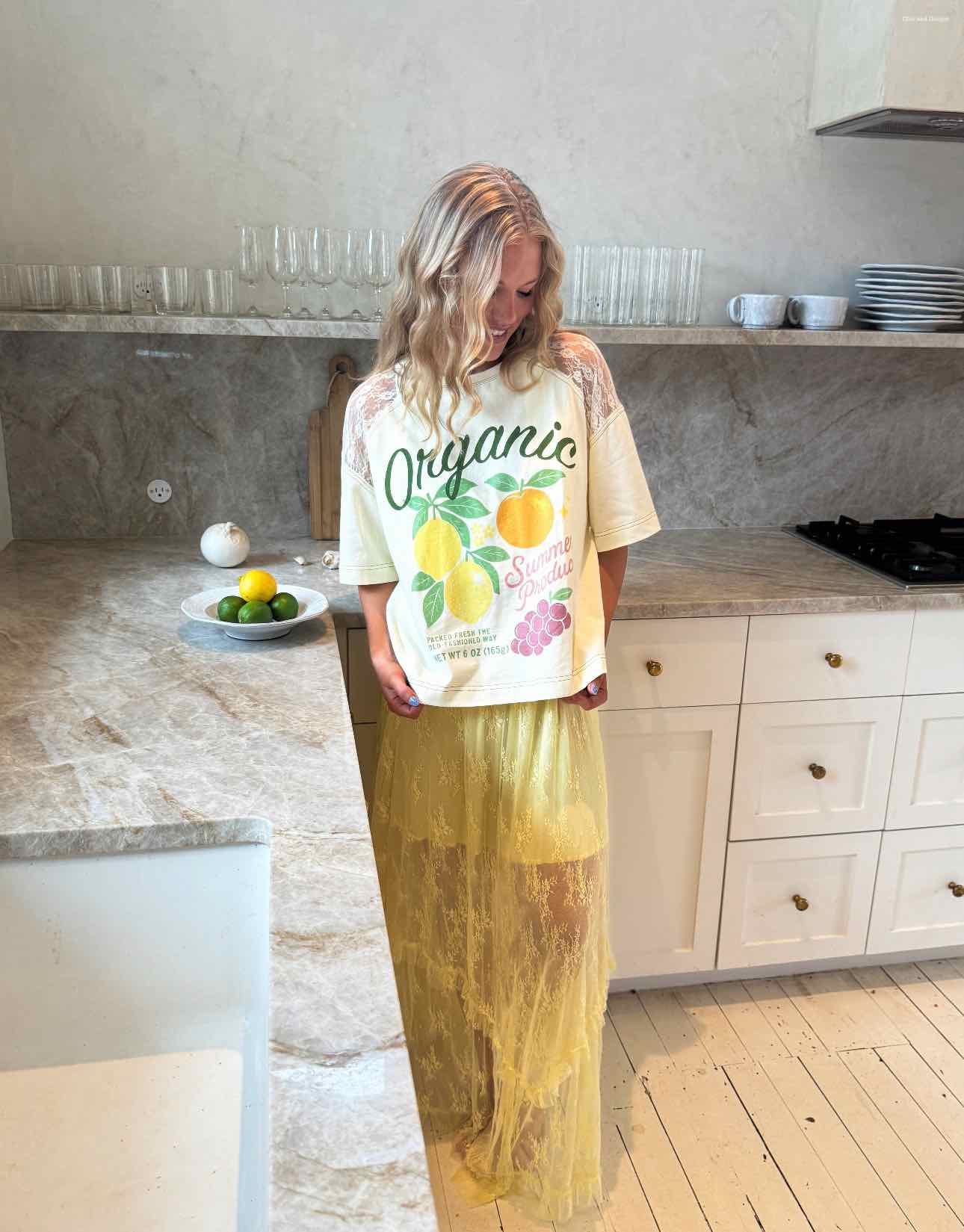 Blakeley Lace Sleeve Organic Summer Produce Knit Yellow Top