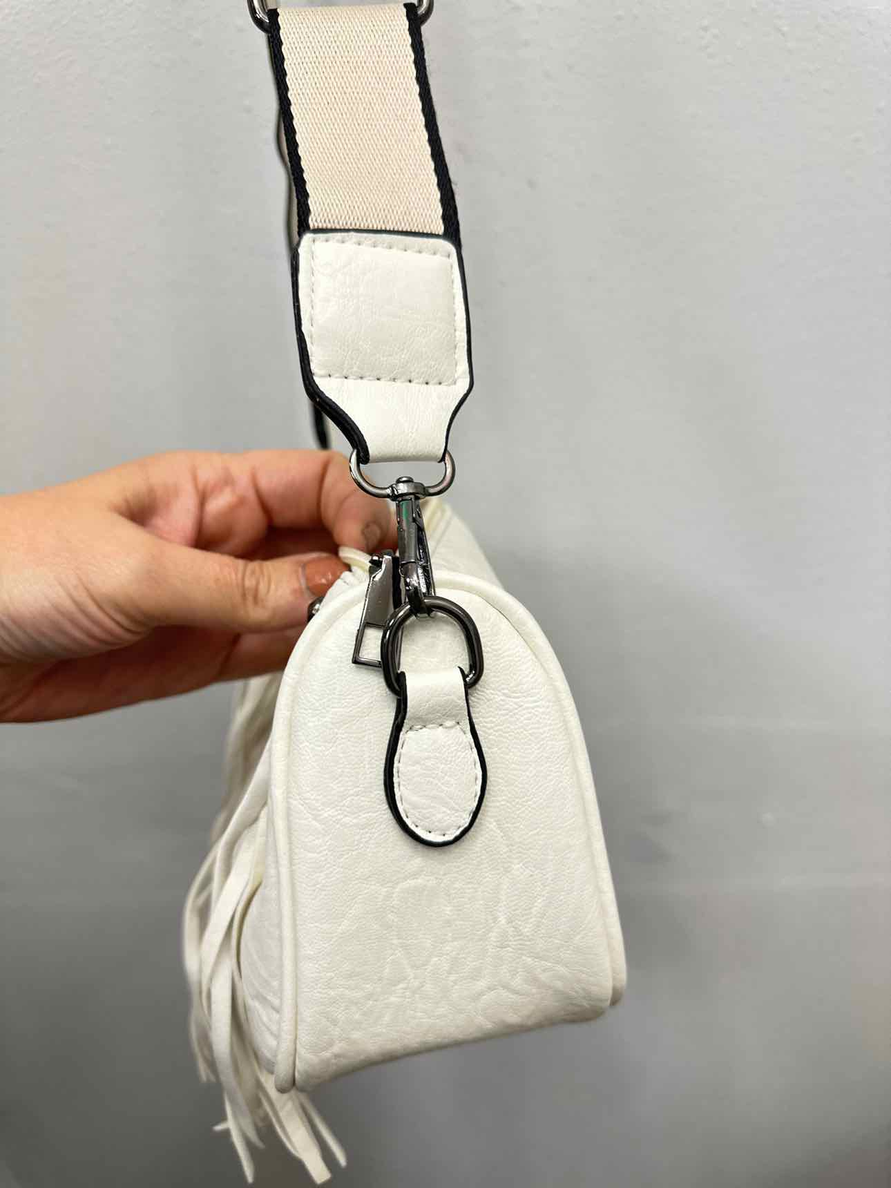 Vegan Leather Fringe Cross Body Bag With Canvas Strap Stud Details Handbags