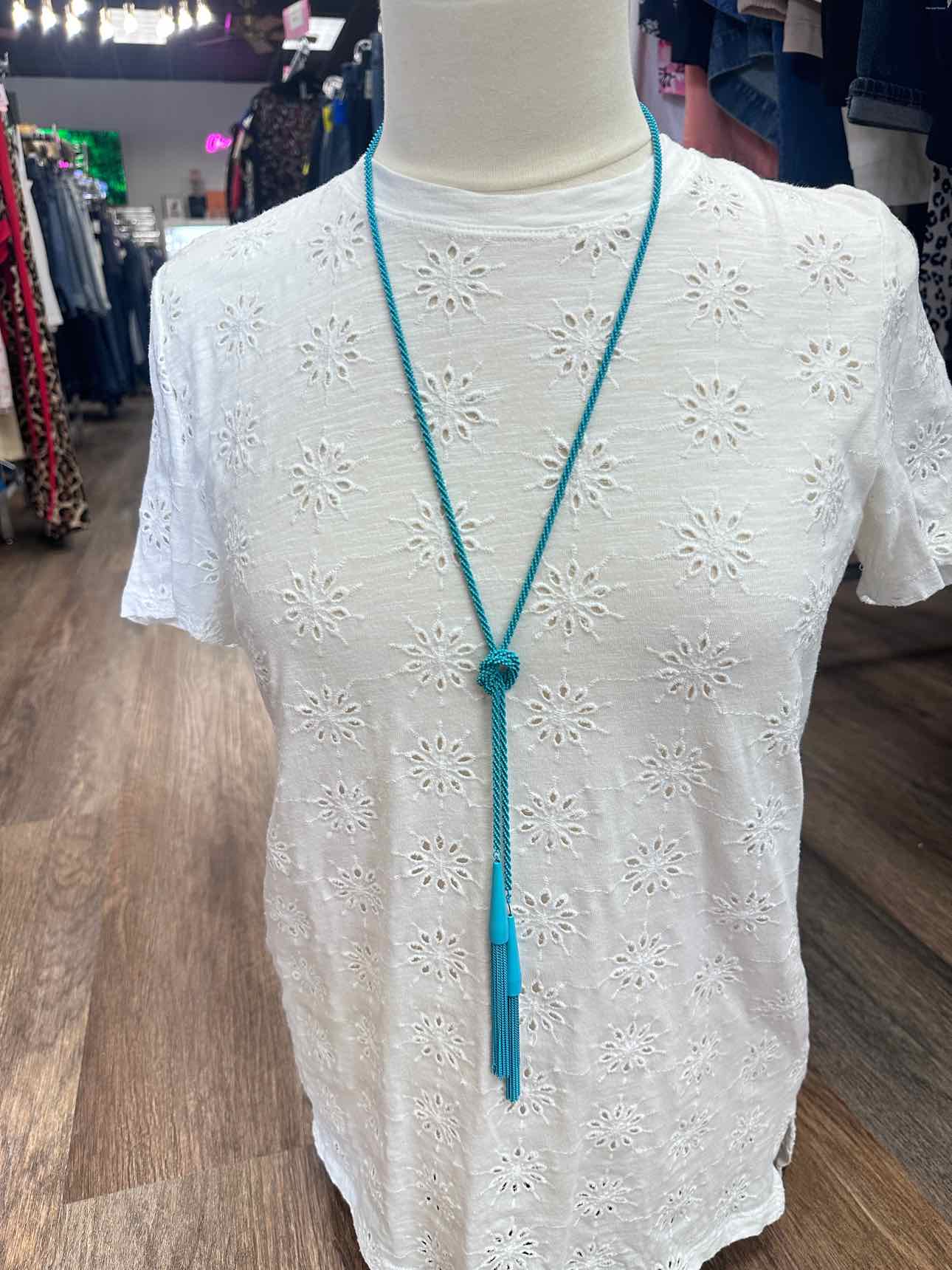 Kendra Scott Phara Matte Aqua Lariat Tassel Fringe Braided Rope Necklace