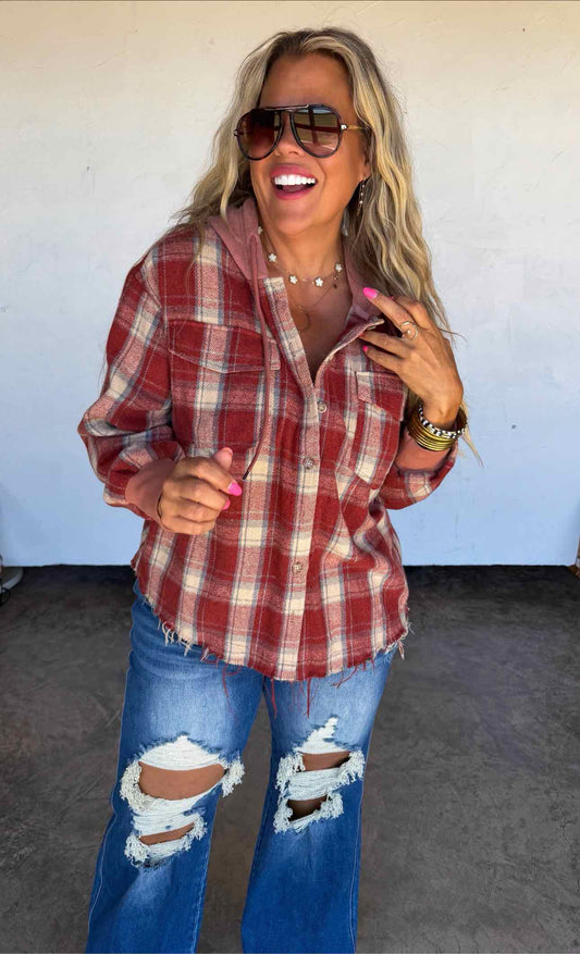 Mountain Morning Plaid Shacket Hoodie Frayed Hem