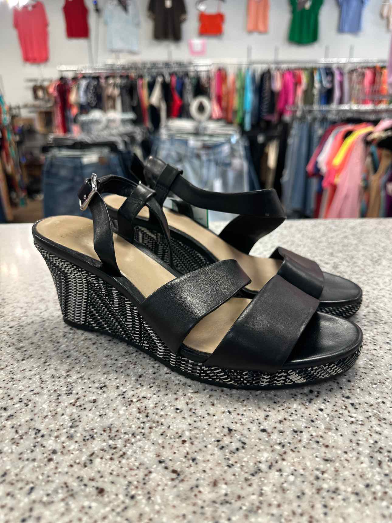 Cole Haan Size 7 Ravenna embroidered woven strappy heel Black White Sandal Shoes