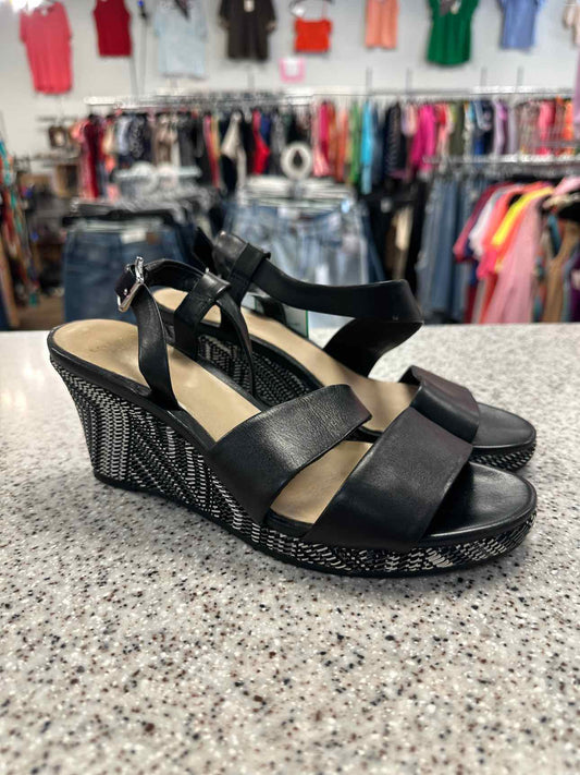 Cole Haan Size 7 Ravenna embroidered woven strappy heel Black White Sandal Shoes