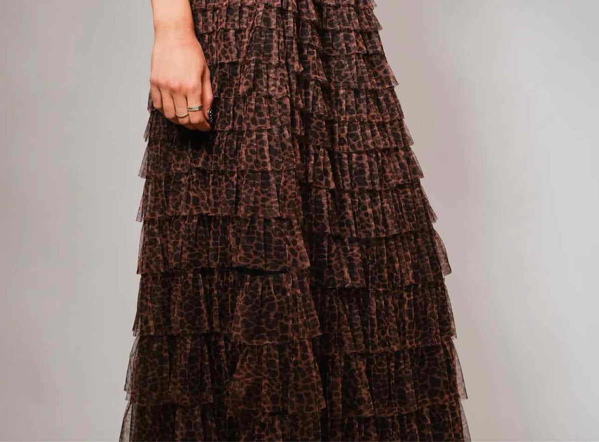 Leopard Ruffle Tiered A-Line Maxi Skirt