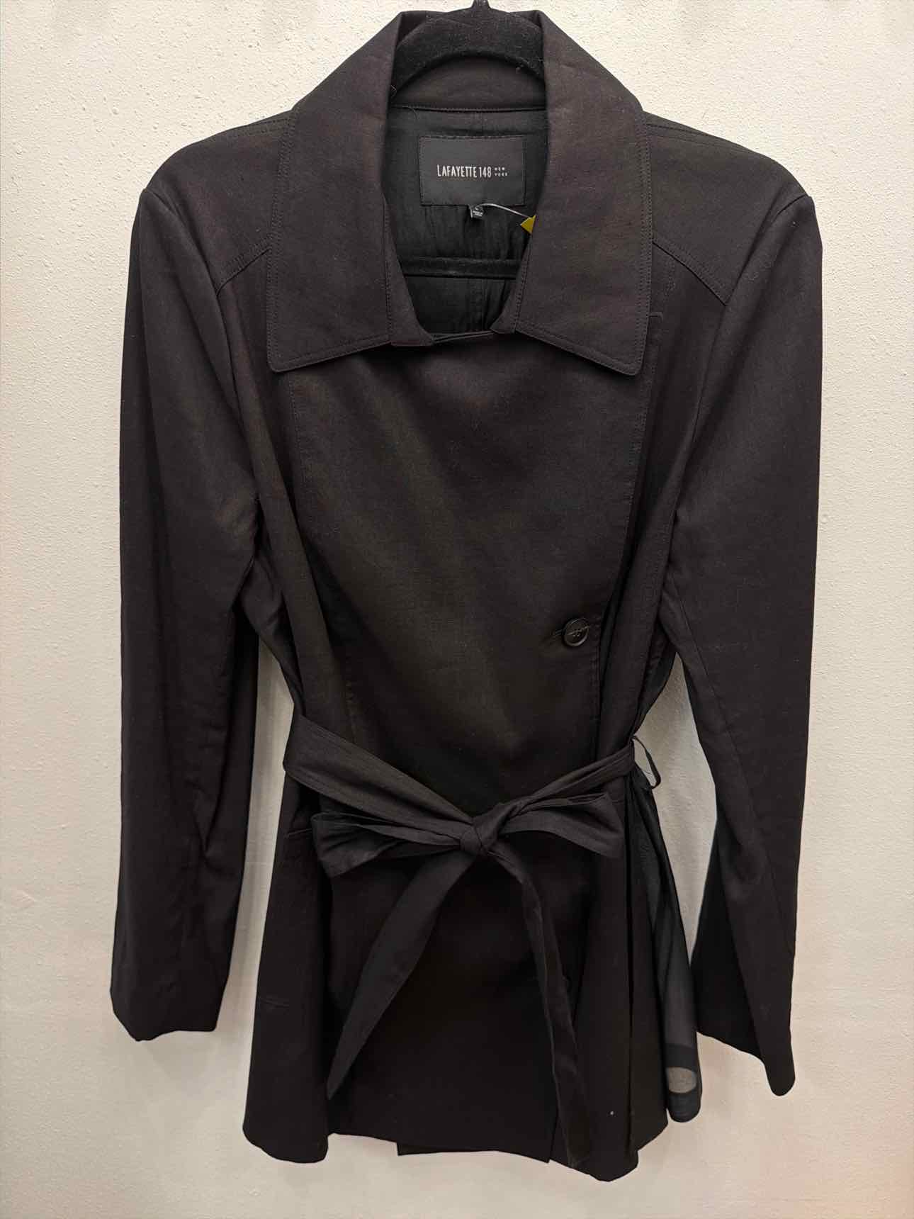 Lafayette 148 Linen Cotton Blend Peacoat Belted Size Large Black Jacket
