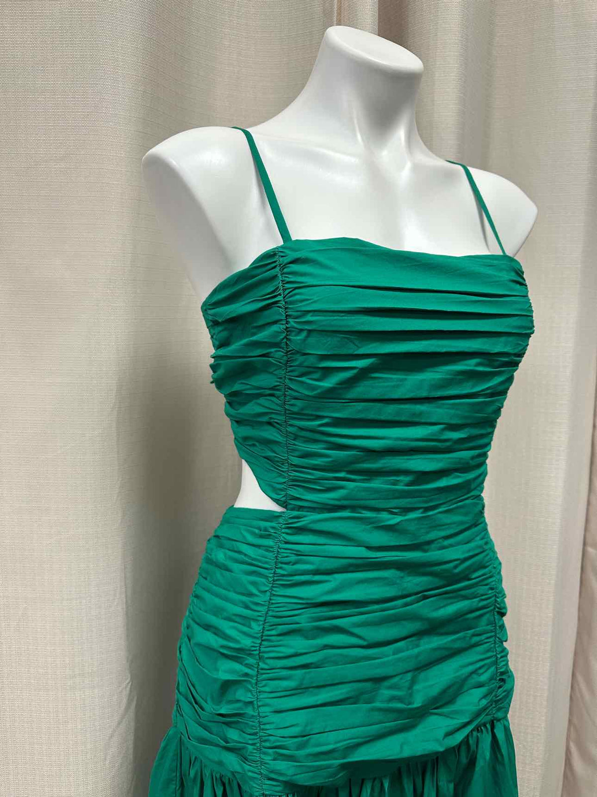 LOFT NEW NWT Poplin Midi Ruched Cut-Out Waist Open Back Tie Size 10 Green Dress
