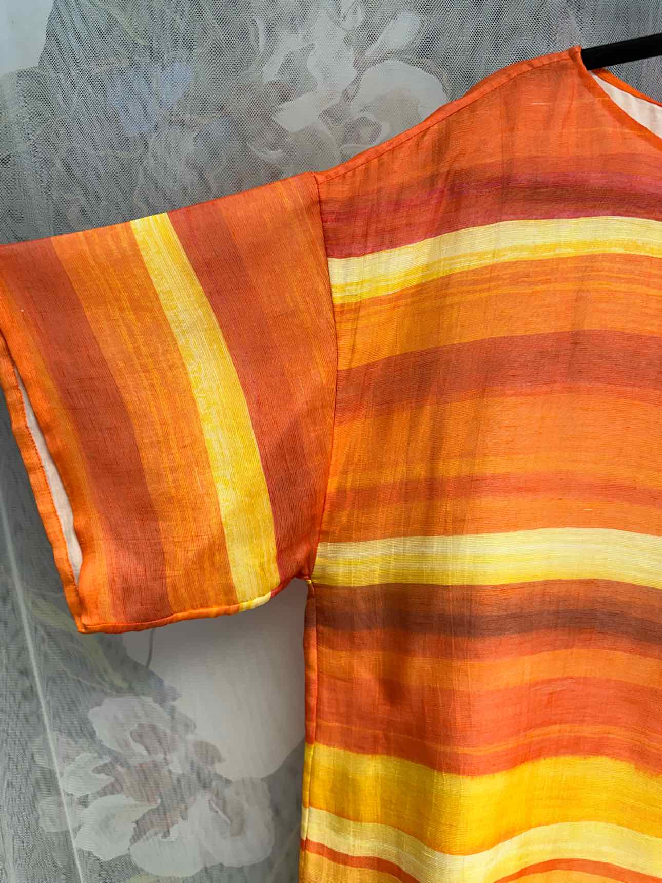 Lafayette 148 Silk Linen Blend Stripe Short Sleeve Size Medium Orange Top