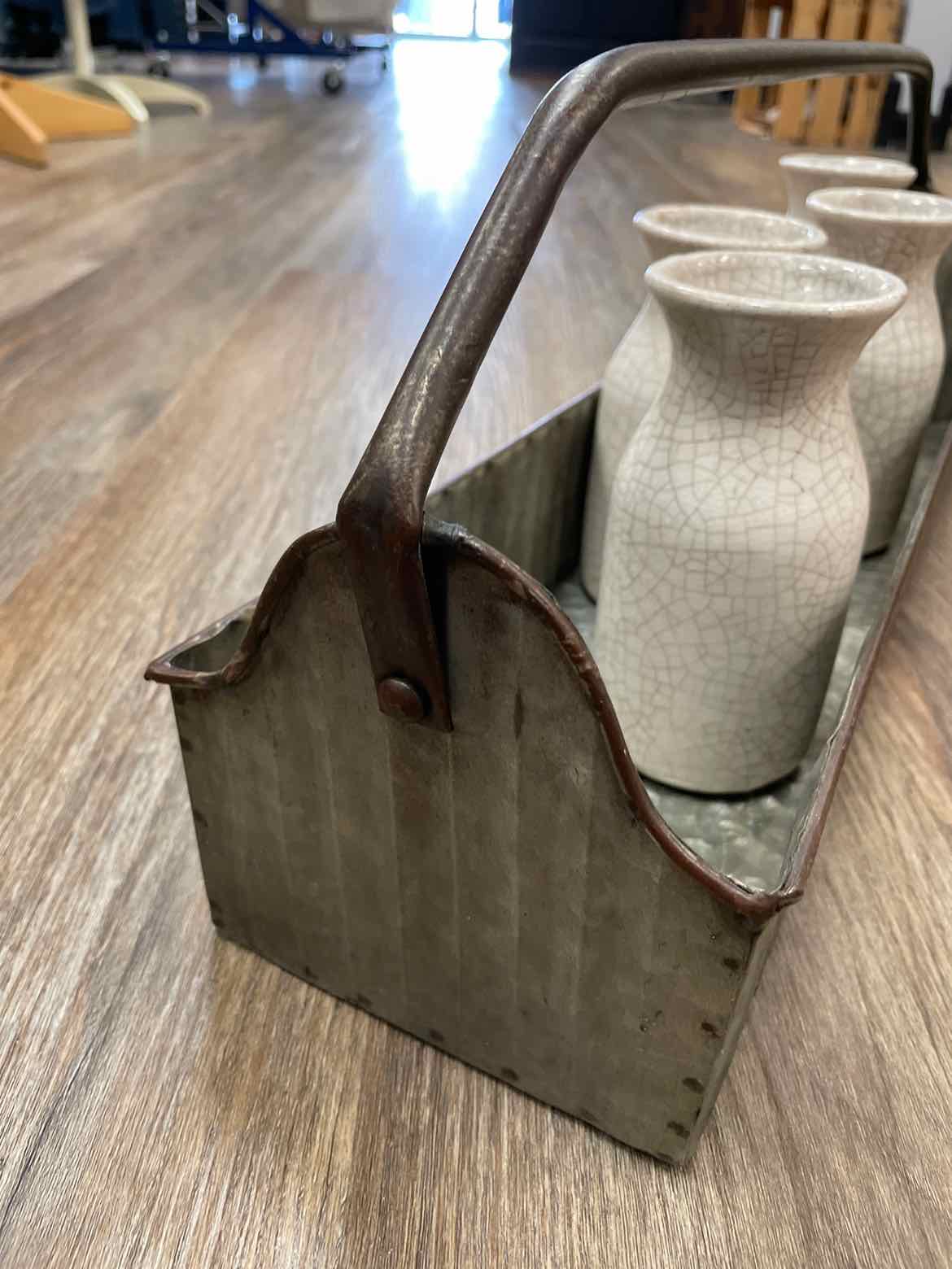 Rustic Metal Tote with 4 Crackle Bud Milk Jug Ceramic Bottles Home Decor