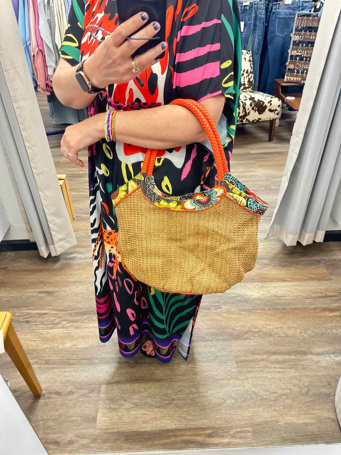 Vera Bradley Straw Bucket Tote Floral Pattern Brown and Orange Trim Handbag