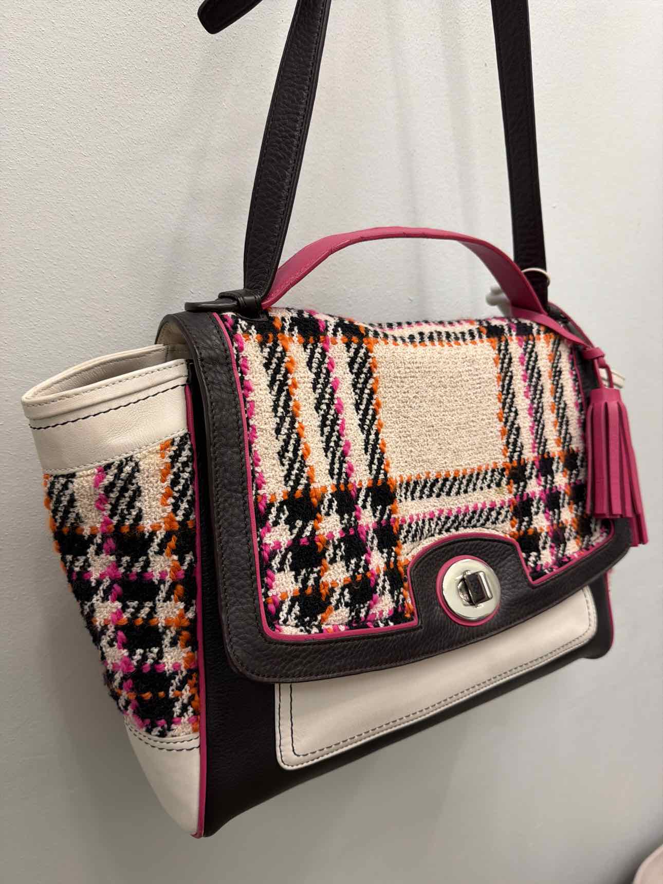 Coach Legacy Multicolor Tweed Duffle tweed plaid leather turnlock Pink Handbags