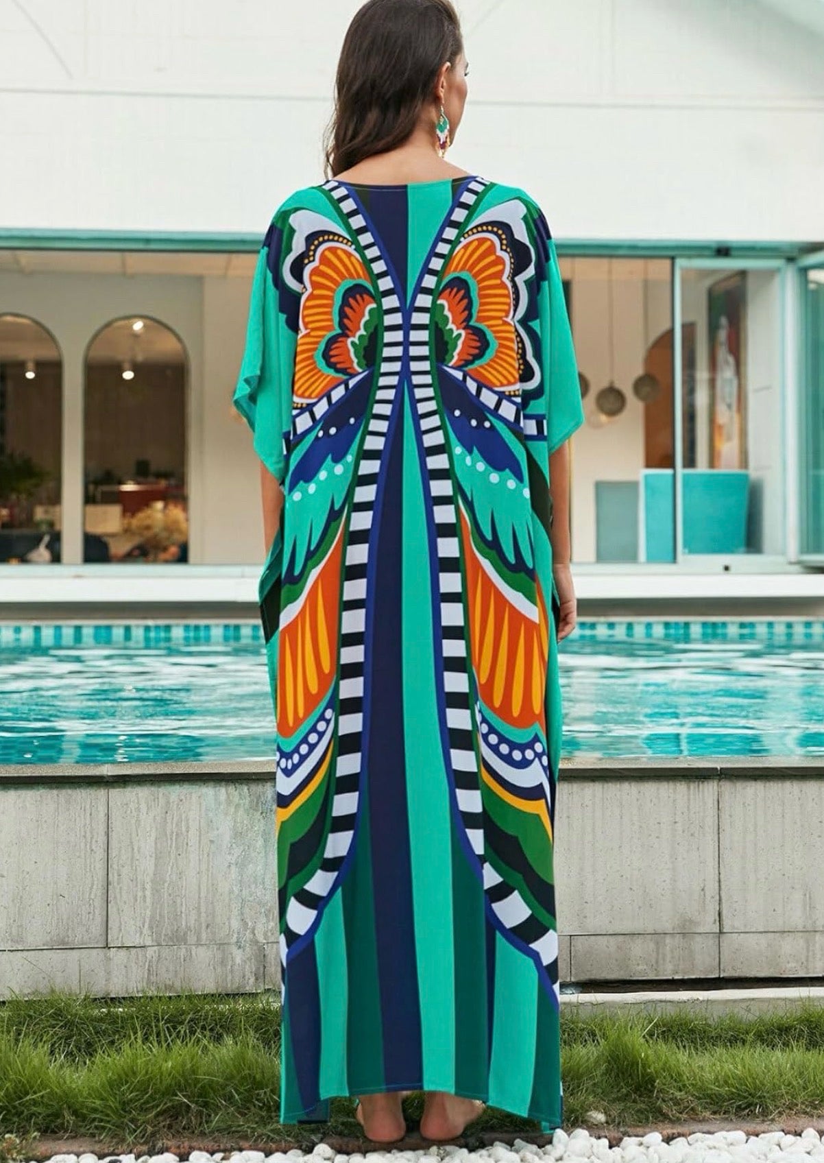 Boutique Size One Size Aqua Butterfly Kaftan Muumuu Dress
