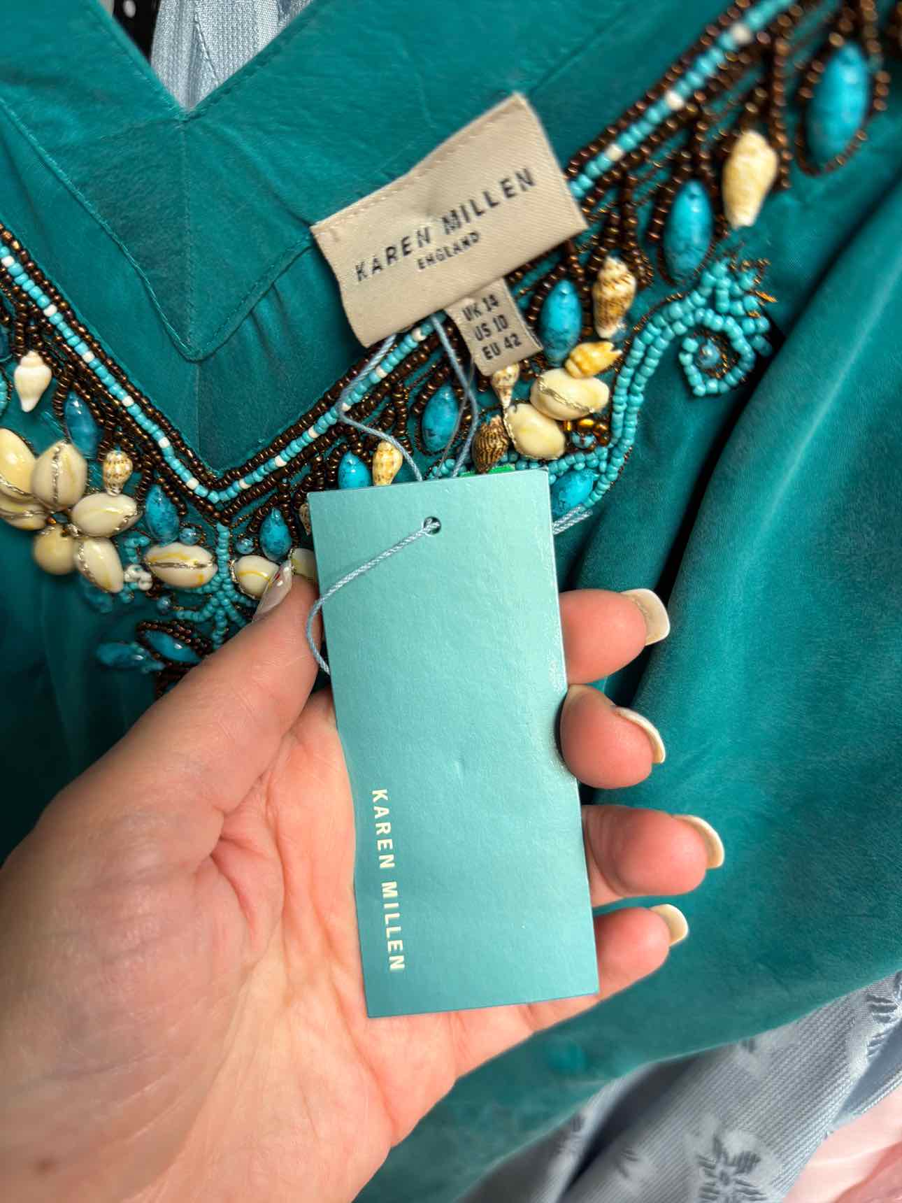 Karen Millen NEW NWT 100% Silk Beaded V-Neckline Short Sleeve Size 10 Teal Dress