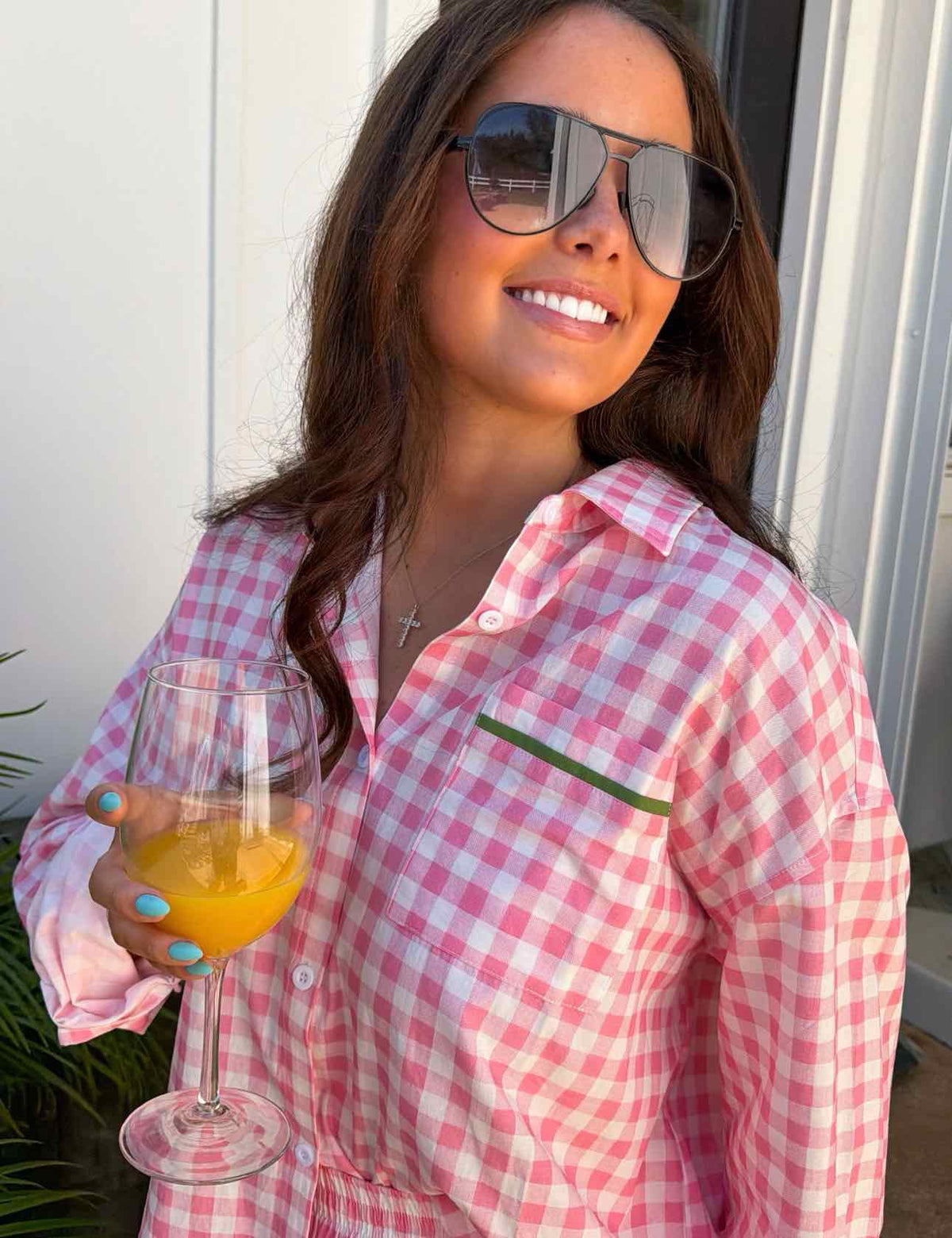 "Island Time"  Embroidered Gingham Button Down Long Sleeve Top