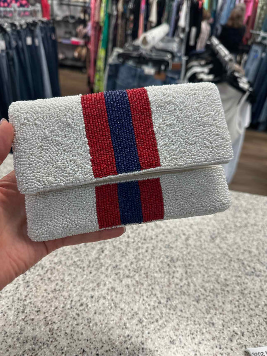 Seed Bead Clutch in White with Red and Blue Stripes