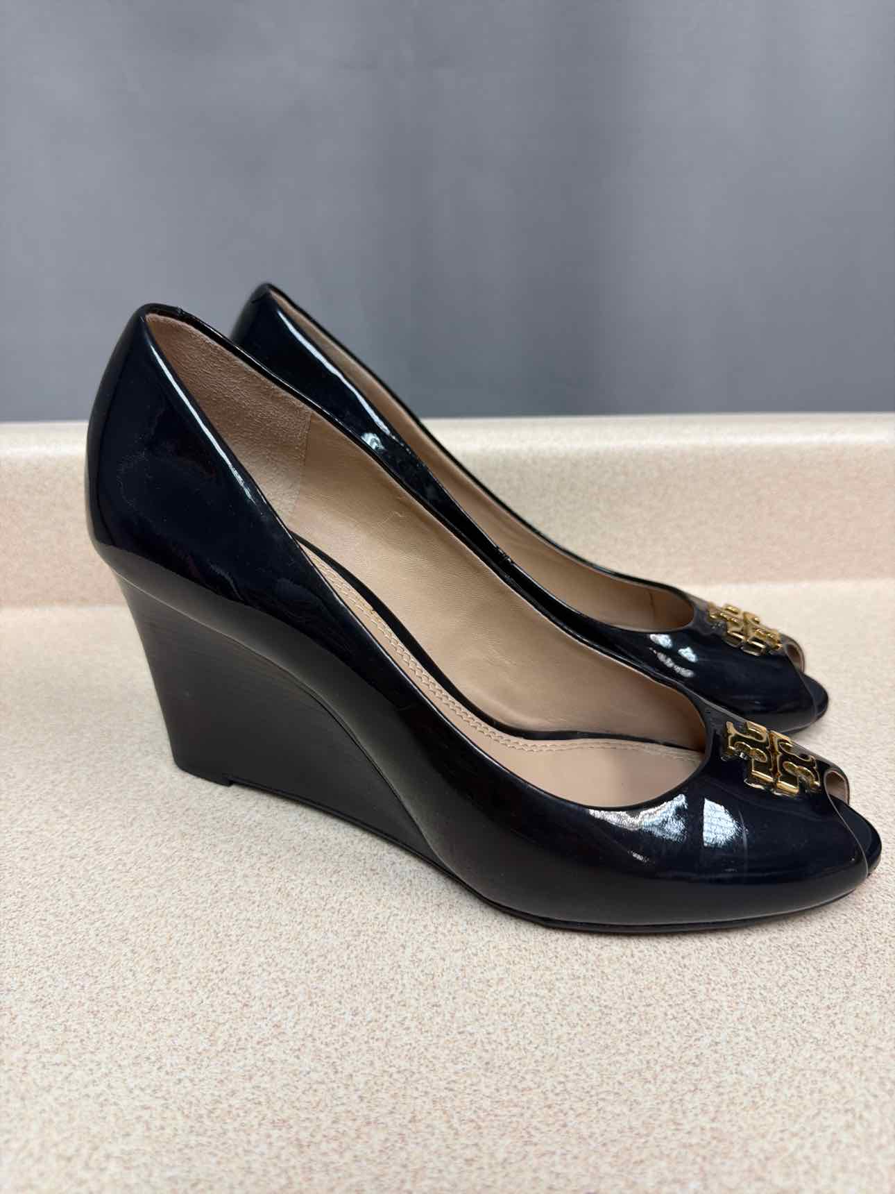 Tory Burch Size 7.5 patent leather wedge, peep toe slip on Black Sandals Shoes
