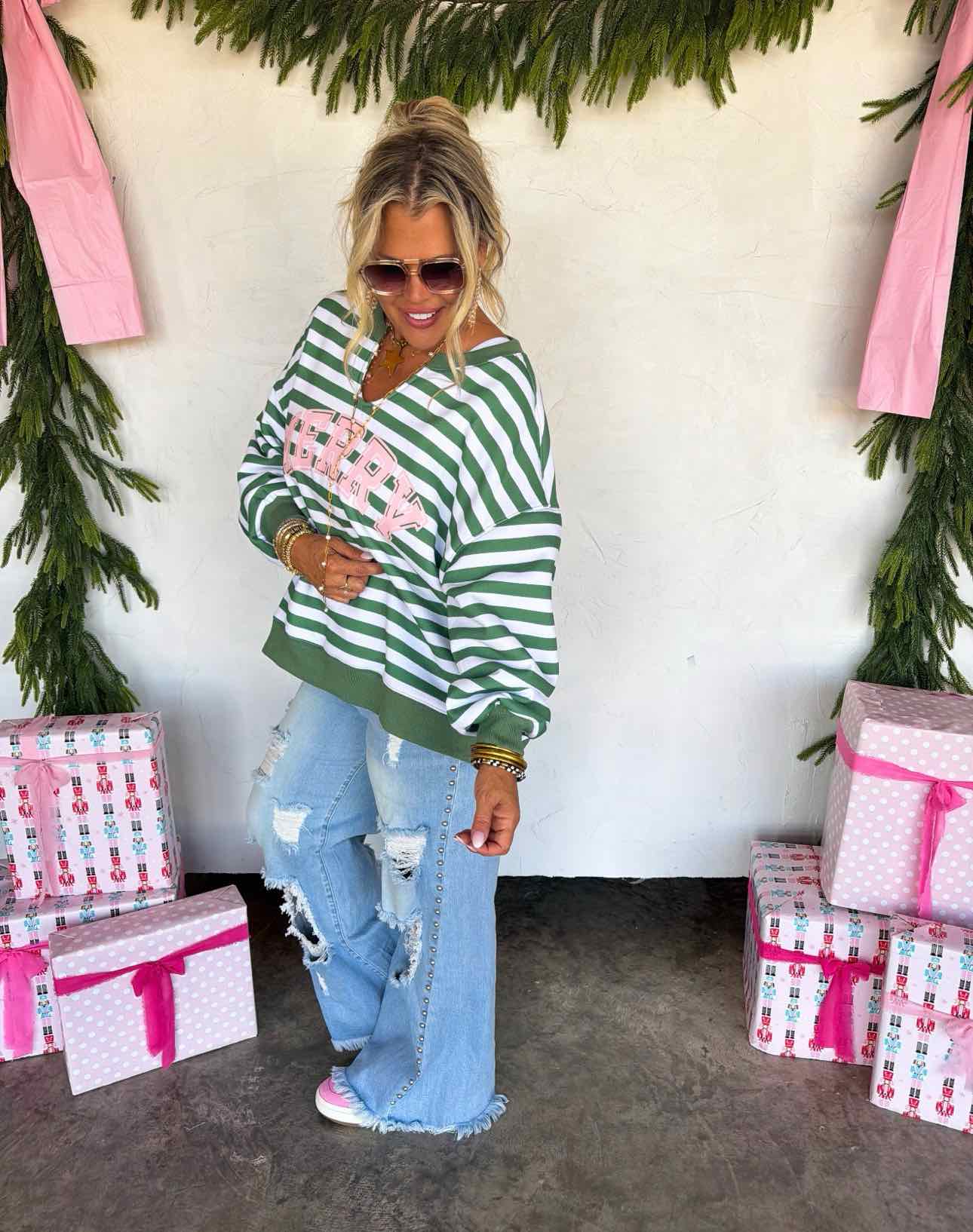 PREORDER! Striped Christmas Holiday Oversized Sweat Shirt Top