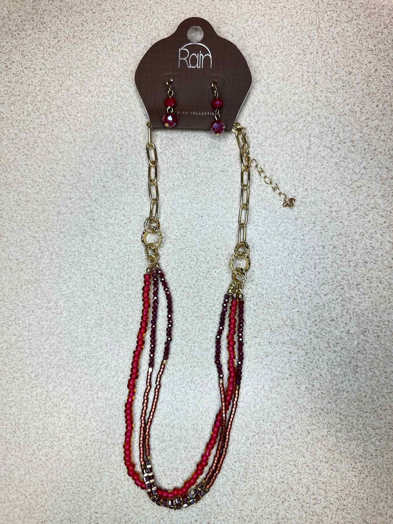 Raspberry Beads Layering Adjustable Necklace Earrings Gold-Tone Set