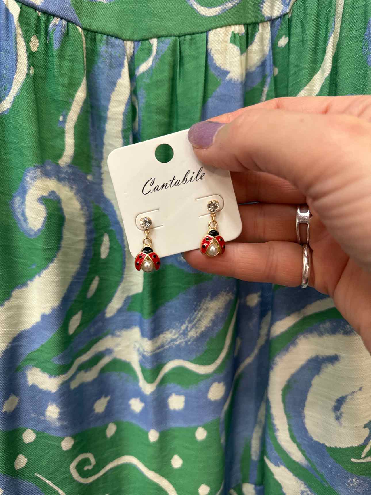 Ladybug & Rhinestone Silver-Tone Post Earrings