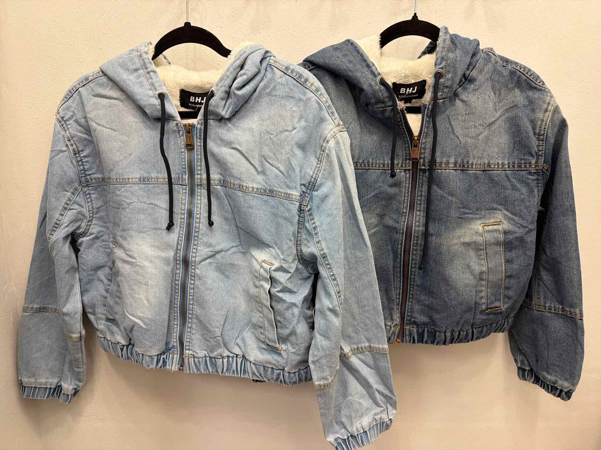 BHJ California Cropped Hooded Sherpa Lined Zip Up Denim Coat
