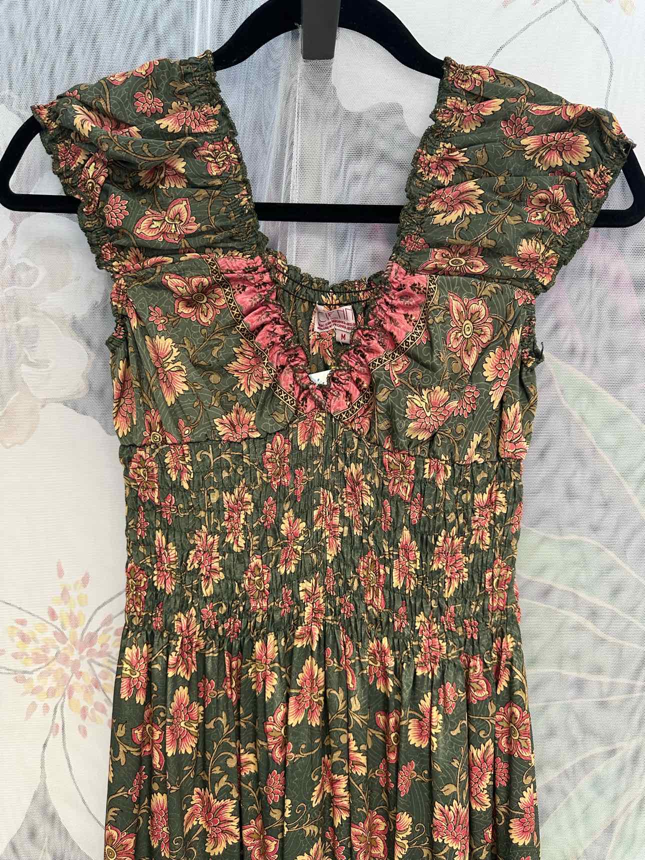 Cienna NEW NWT Rosa Floral Short Sleeve Maxi Size Medium Olive/Pink Dress