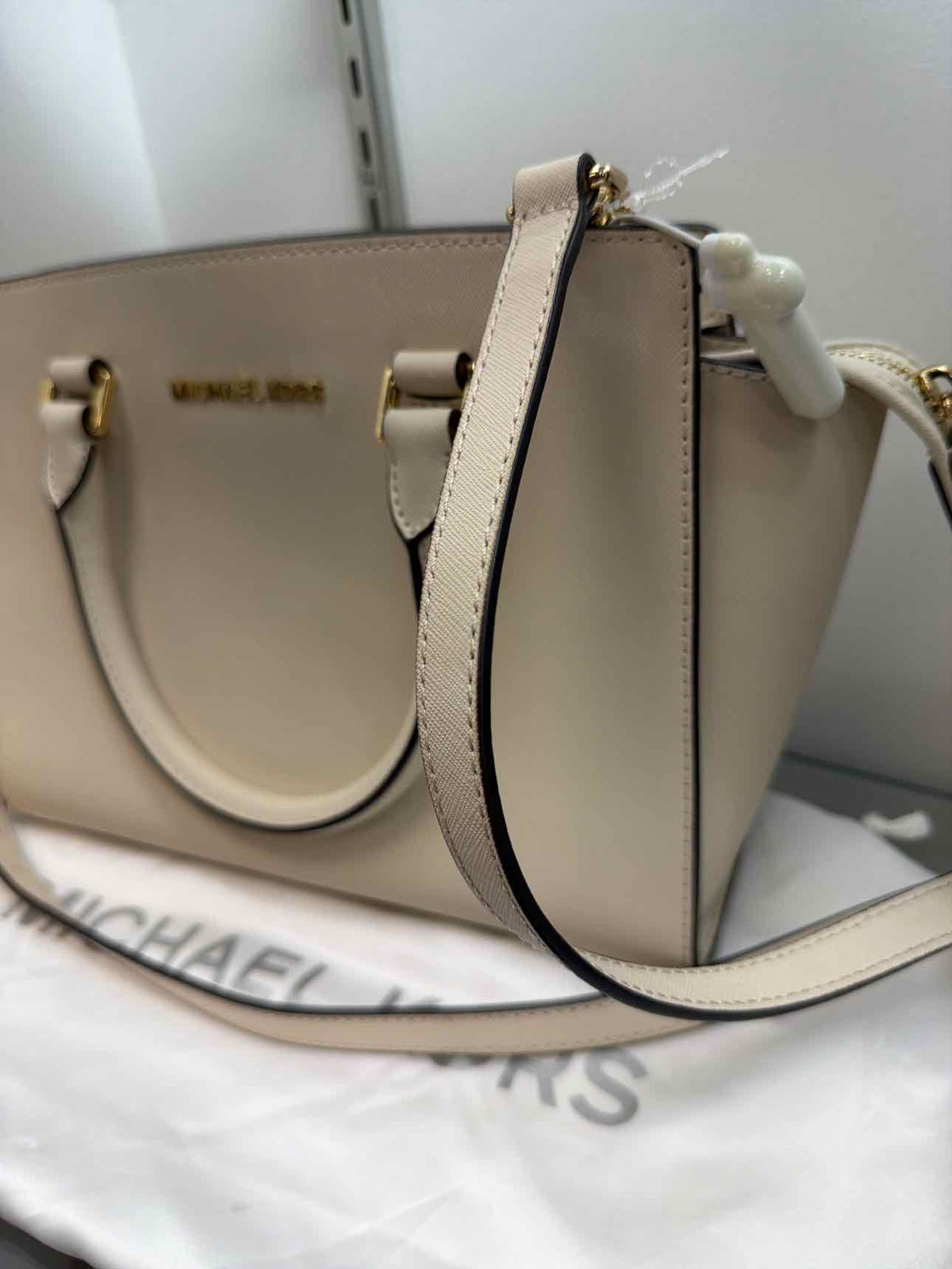 MICHAEL KORS NEW Selma Handle Long Strap Leather Satchel Cream Handbags NWOT