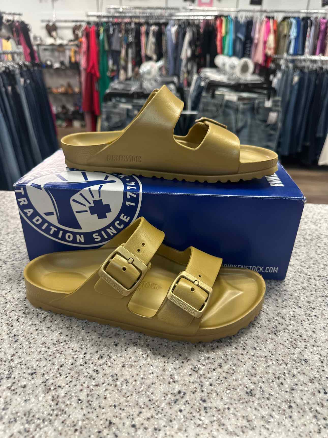 Birkenstock Size 38 Arizona EVA Glamour Gold Waterproof Sandals NEW
