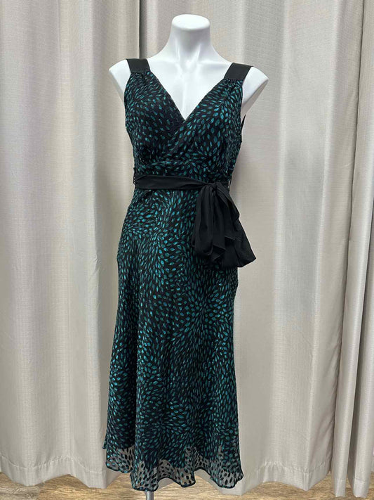 Karen Millen Flowy Print Design Belted Size 14 Black/Teal Dress