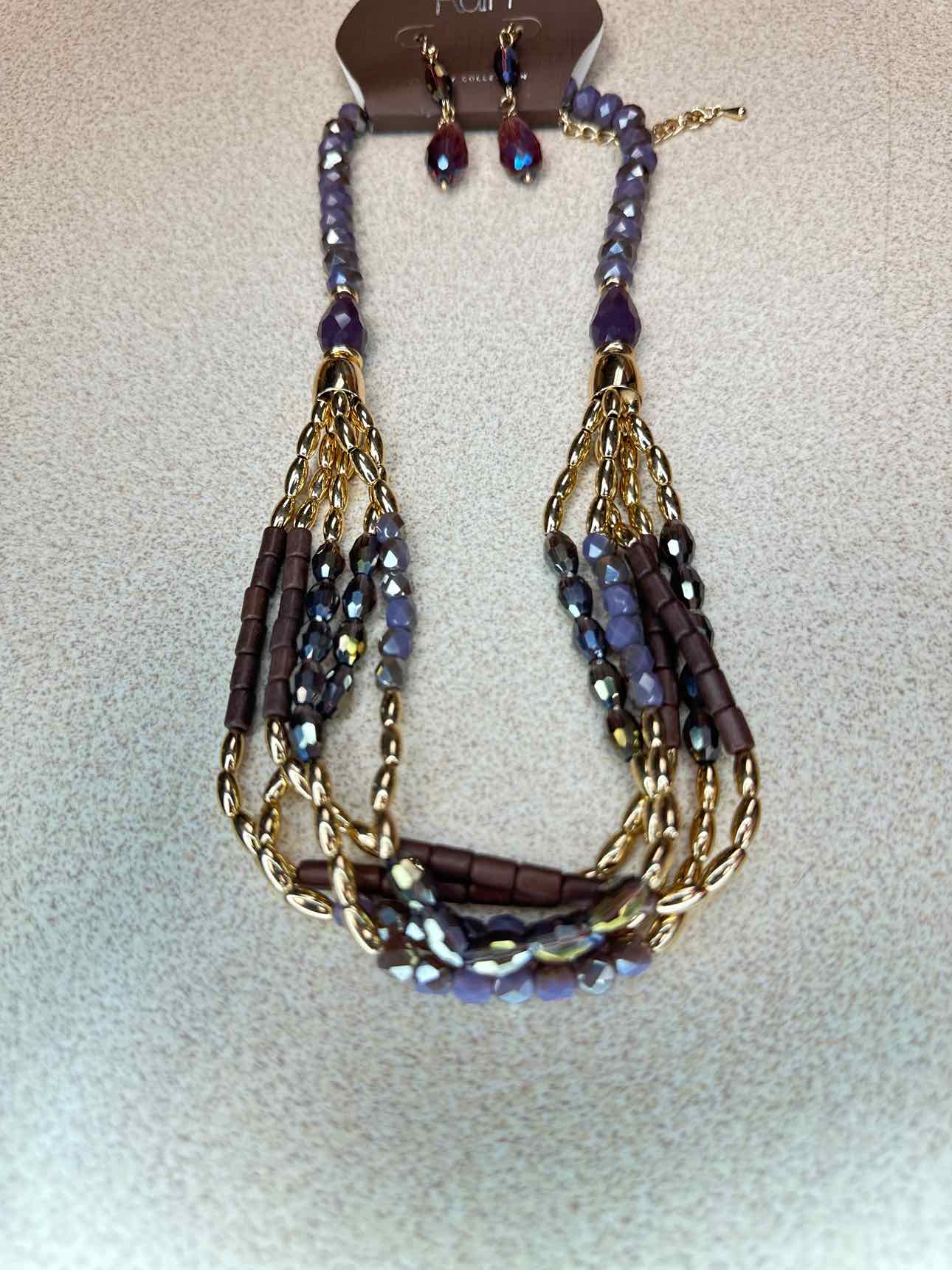 Purple Mix Glass Bead Layering Adjustable Necklace Earrings Set