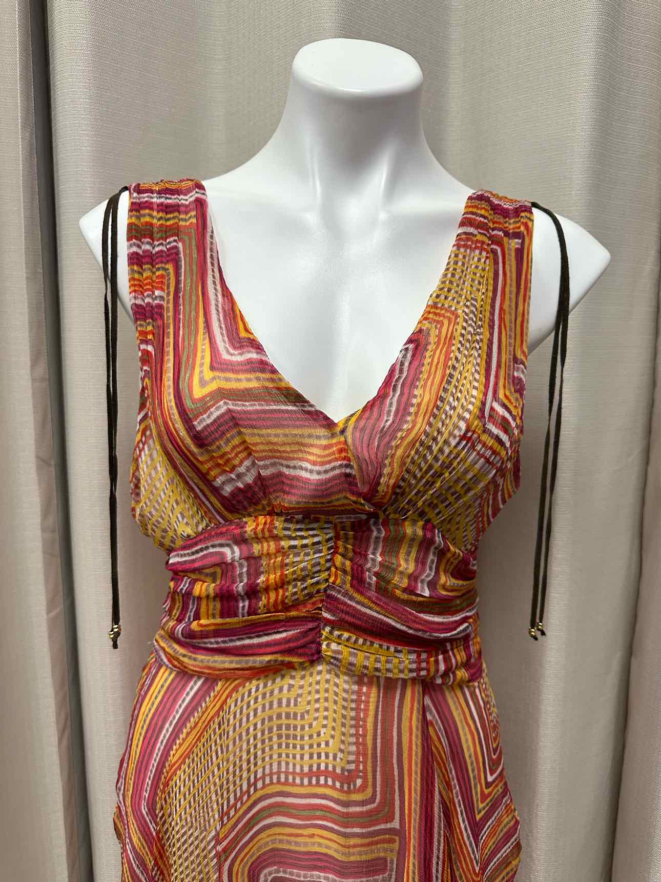 Karen Millen 100% Silk Plunge Surplice Sleeveless Shift 10 Orange/Pink Dress