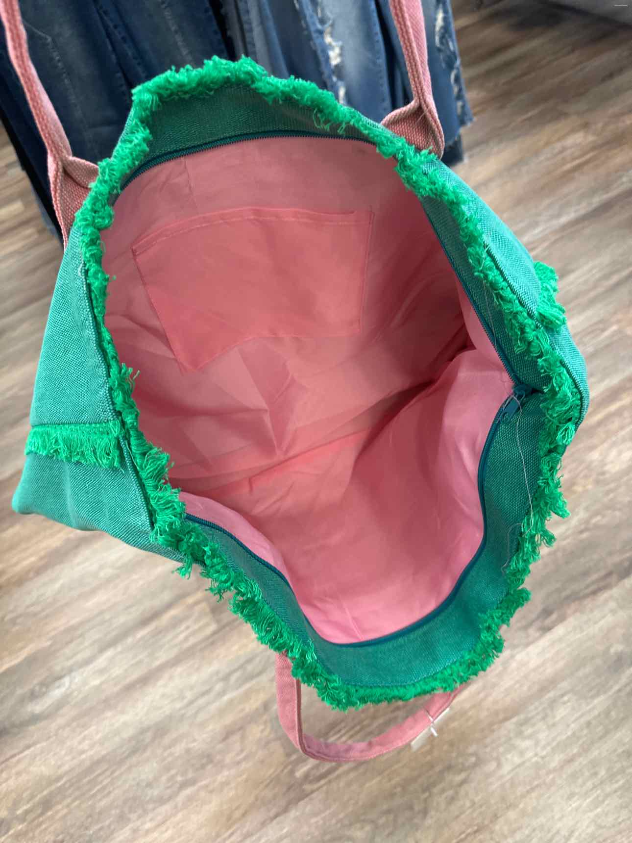 Summer Canvas Beach Tote Large Green and Pink Handbag