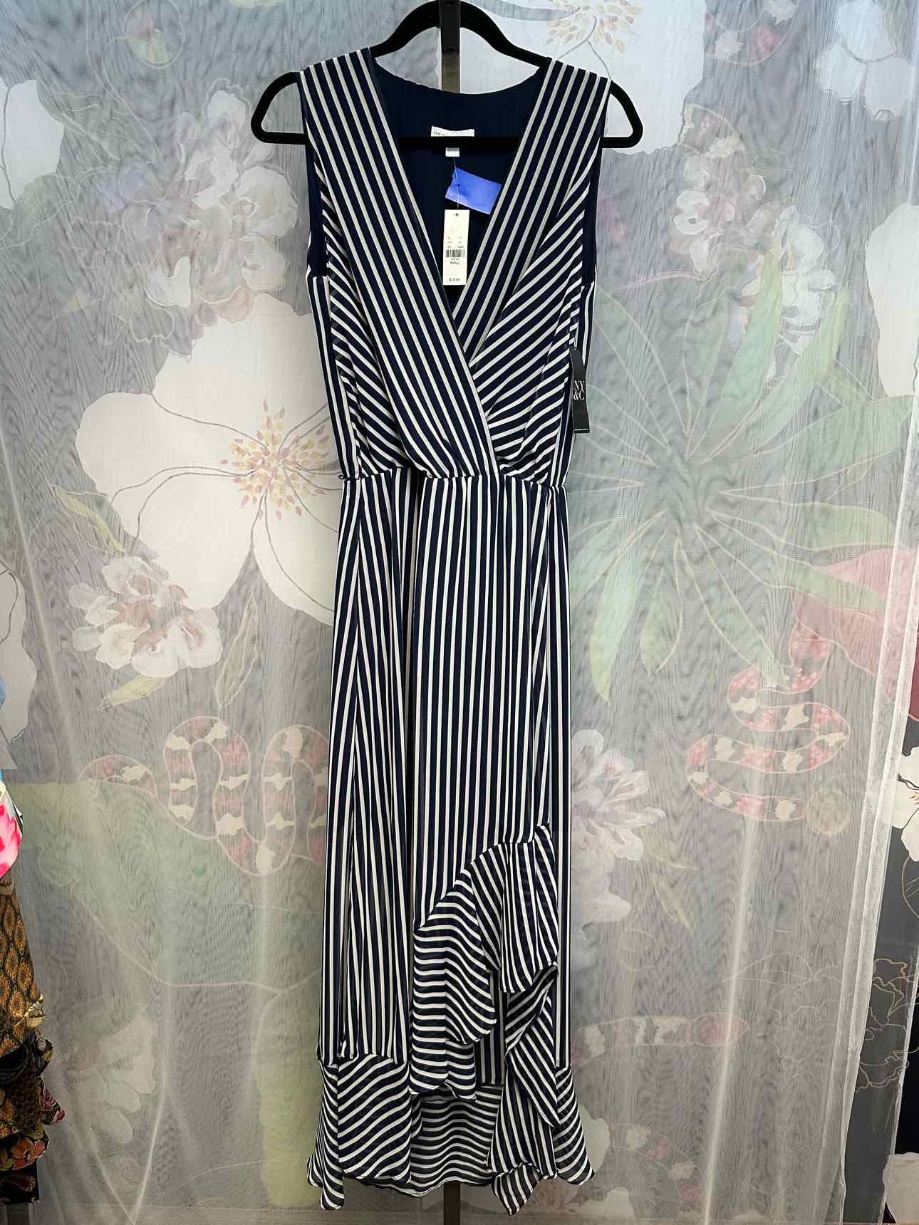 New York & Co. Size Small Navy and White Striped Long Hi-Low Dress NEW