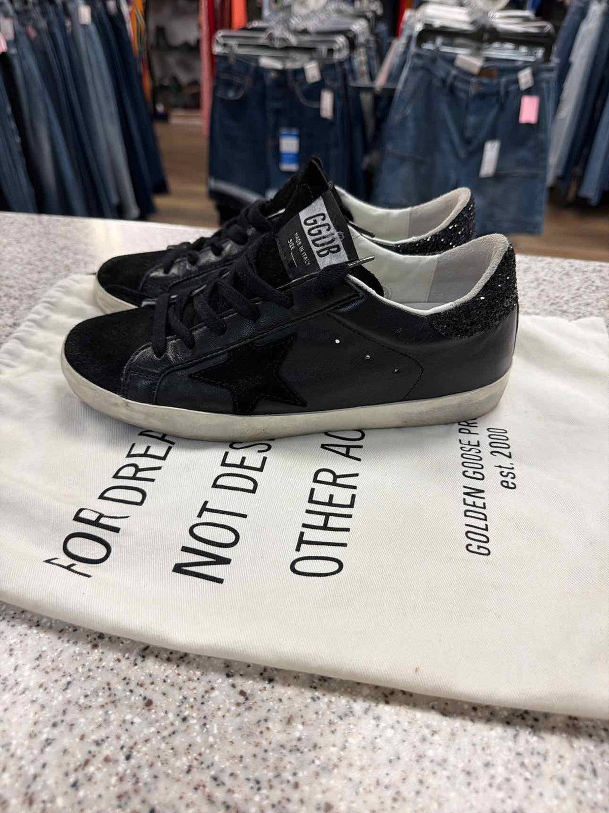 Golden Goose Size 37 Black Super-Star Nappa Leather Sneakers Glitter Shoes