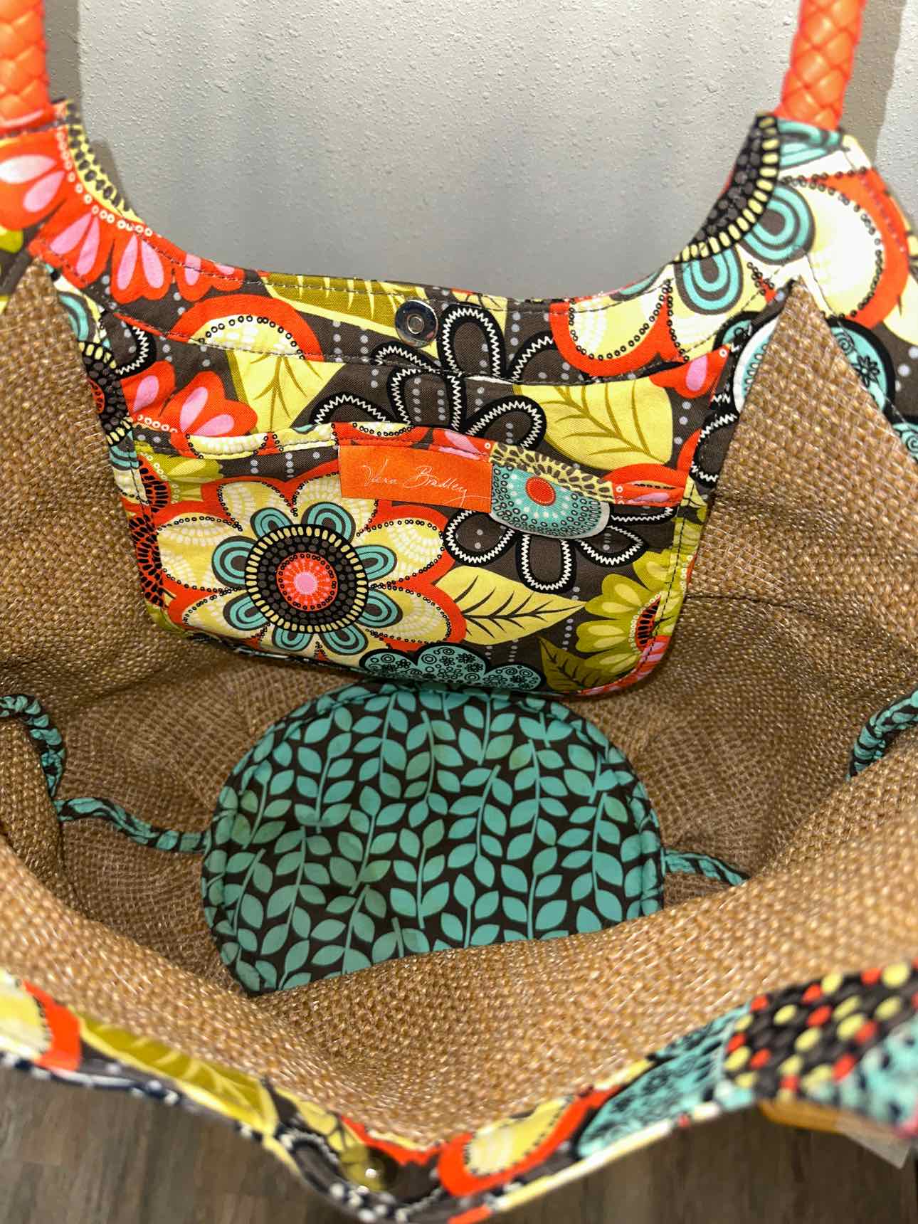 Vera Bradley Straw Bucket Tote Floral Pattern Brown and Orange Trim Handbag