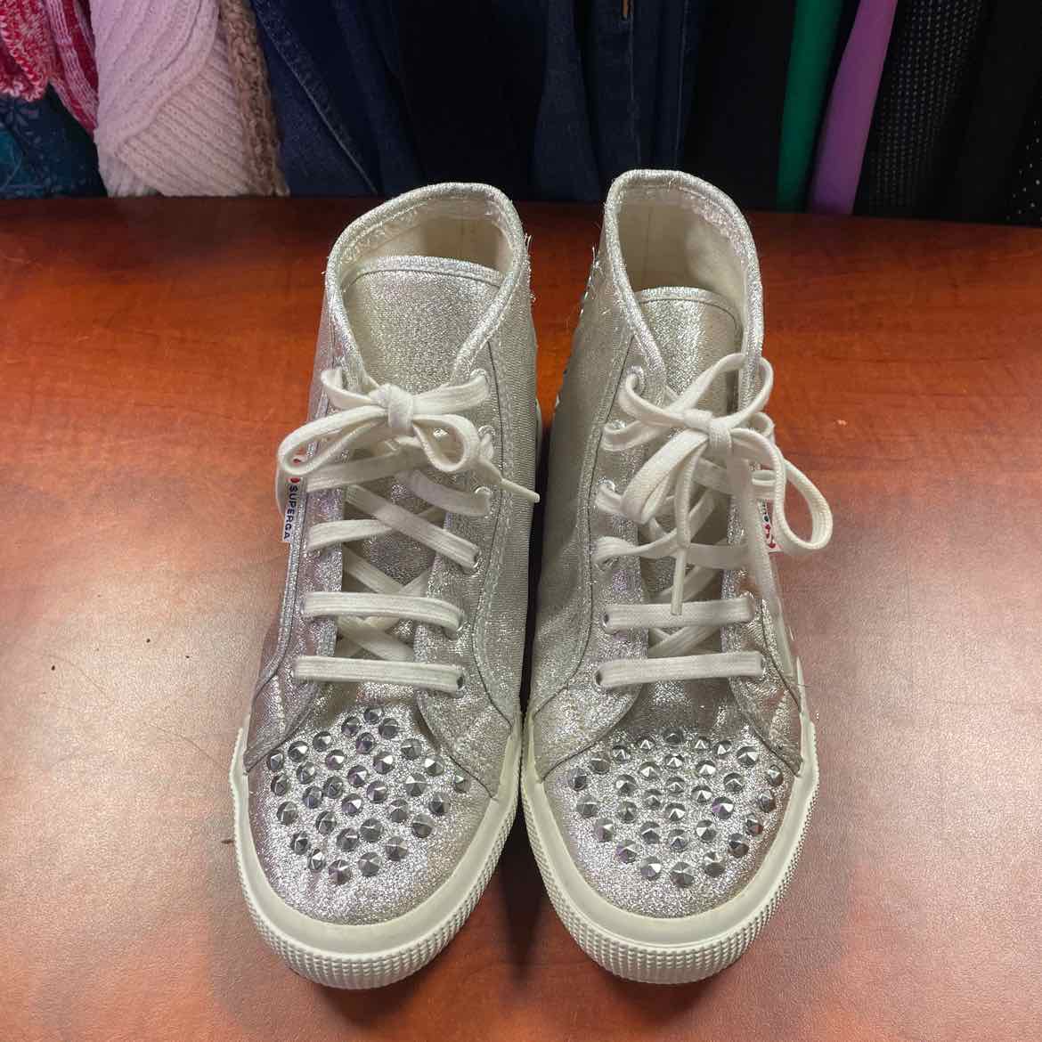 Superga 2095-LameStud Silver Stud Hi-Top Sneakers Size 5 1/2