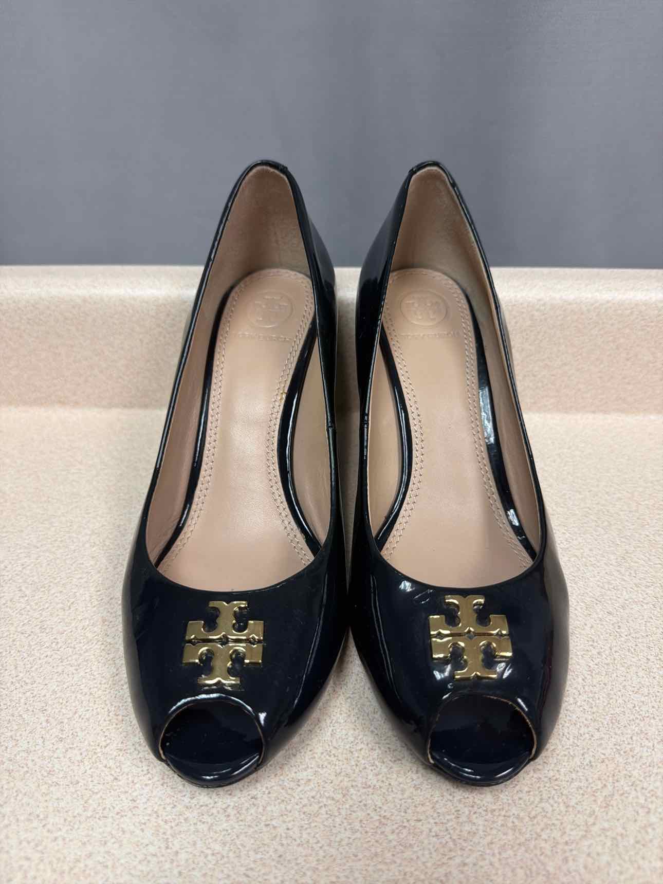 Tory Burch Size 7.5 patent leather wedge, peep toe slip on Black Sandals Shoes