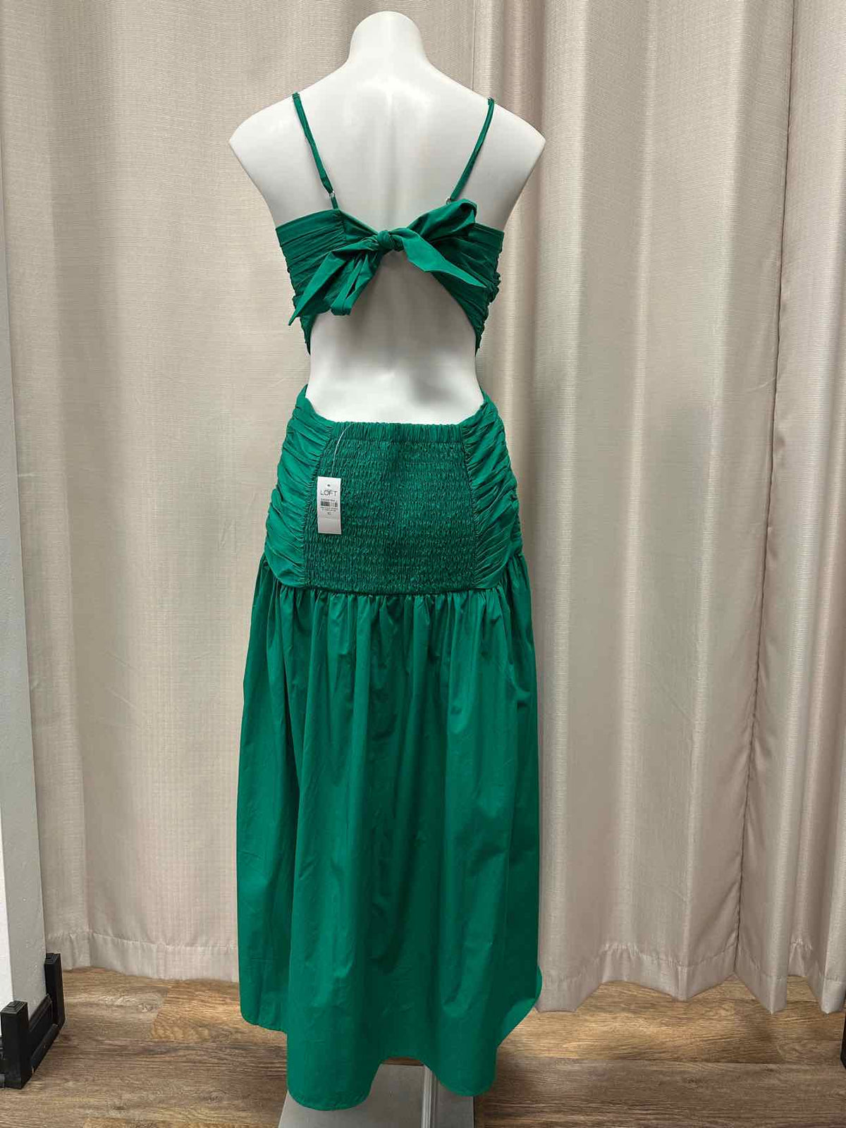 LOFT NEW NWT Poplin Midi Ruched Cut-Out Waist Open Back Tie Size 10 Green Dress