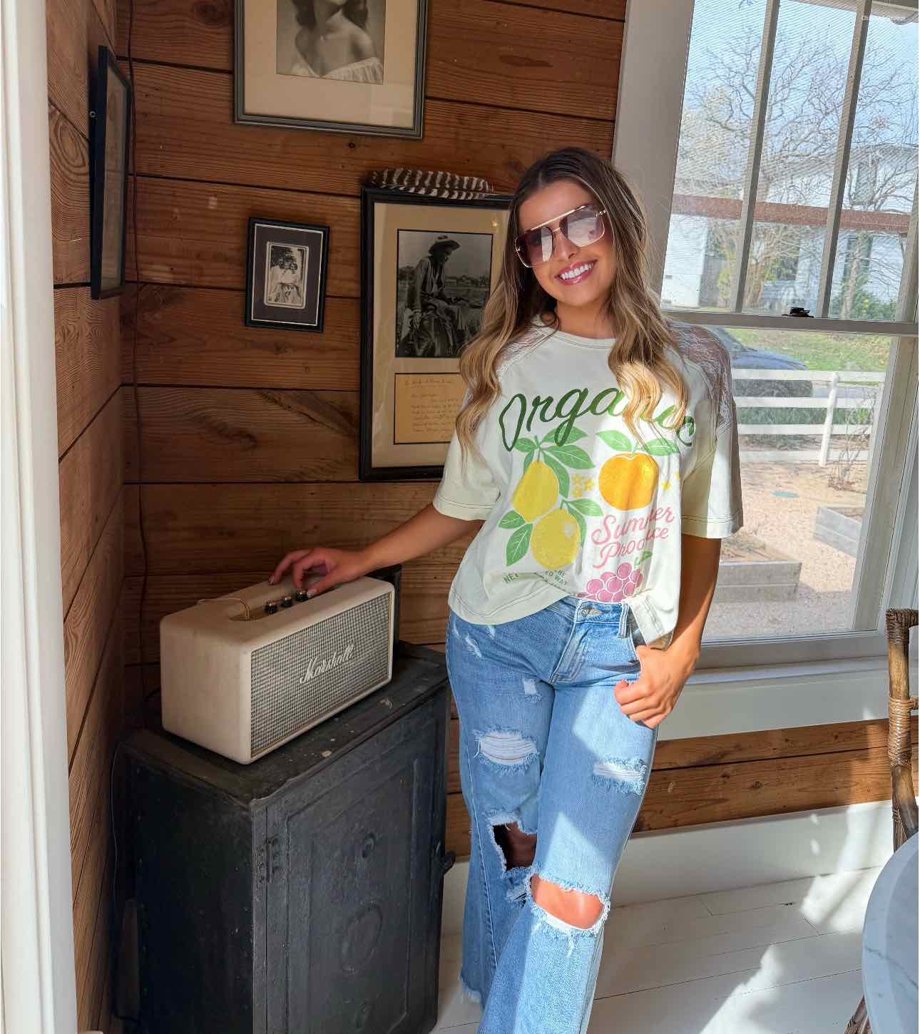 Blakeley Lace Sleeve Organic Summer Produce Knit Yellow Top