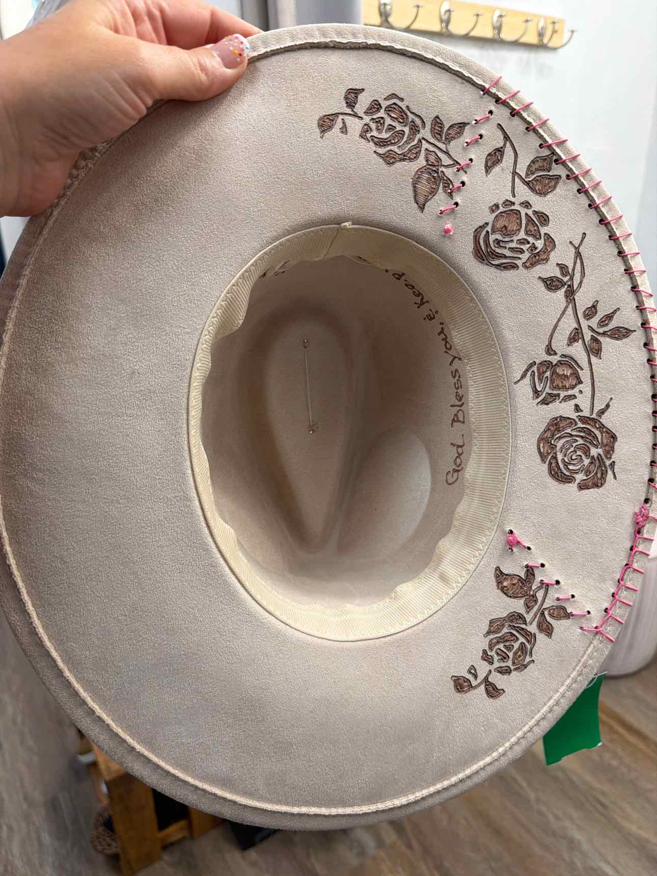 Custom handmade burned cowgirl cowboy hat with rose burnished patch and ribbon