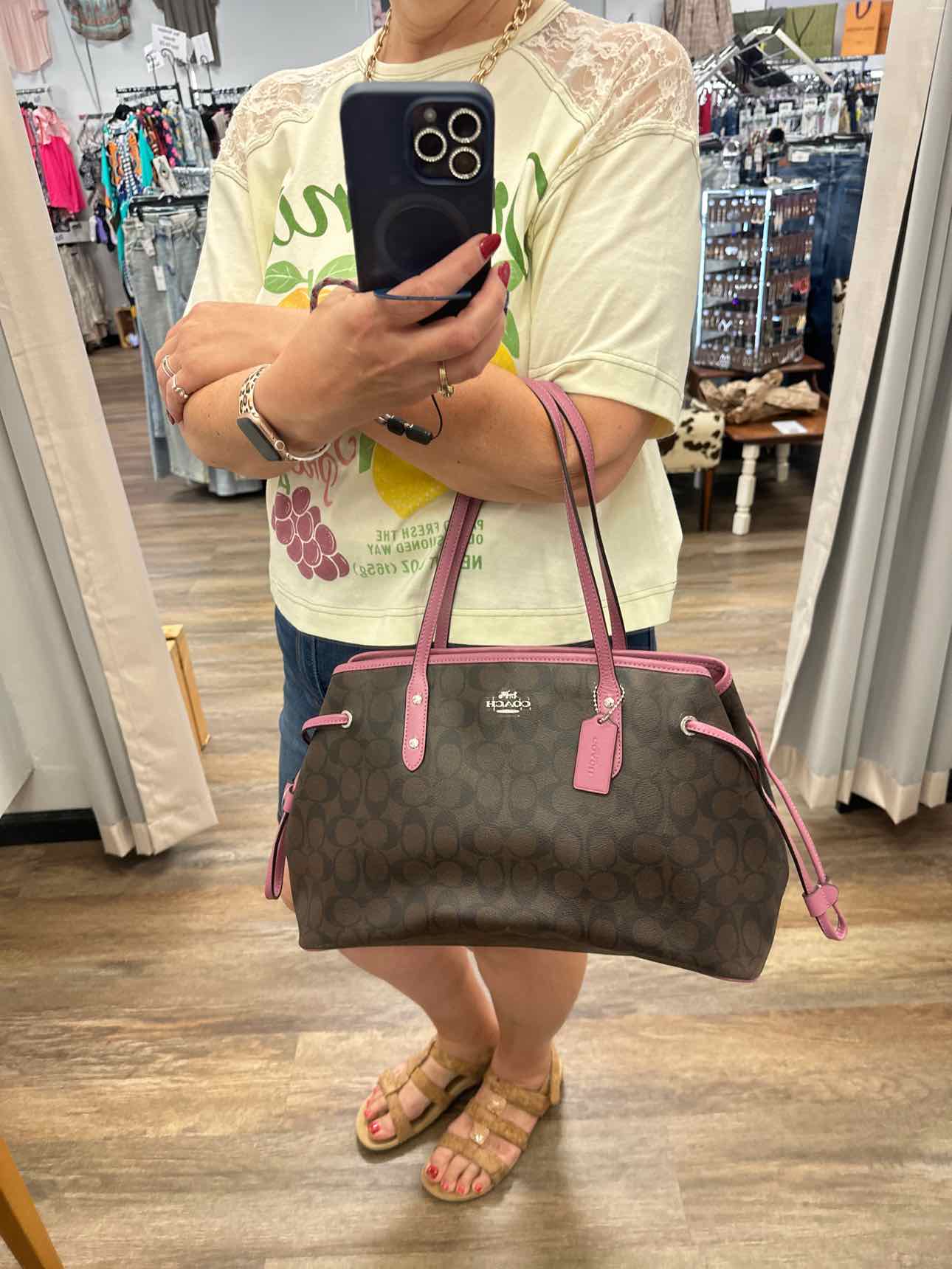 Coach Signature Drawstring Carryall Hobo Brown Blush Pink Shoulder Bag Handbags
