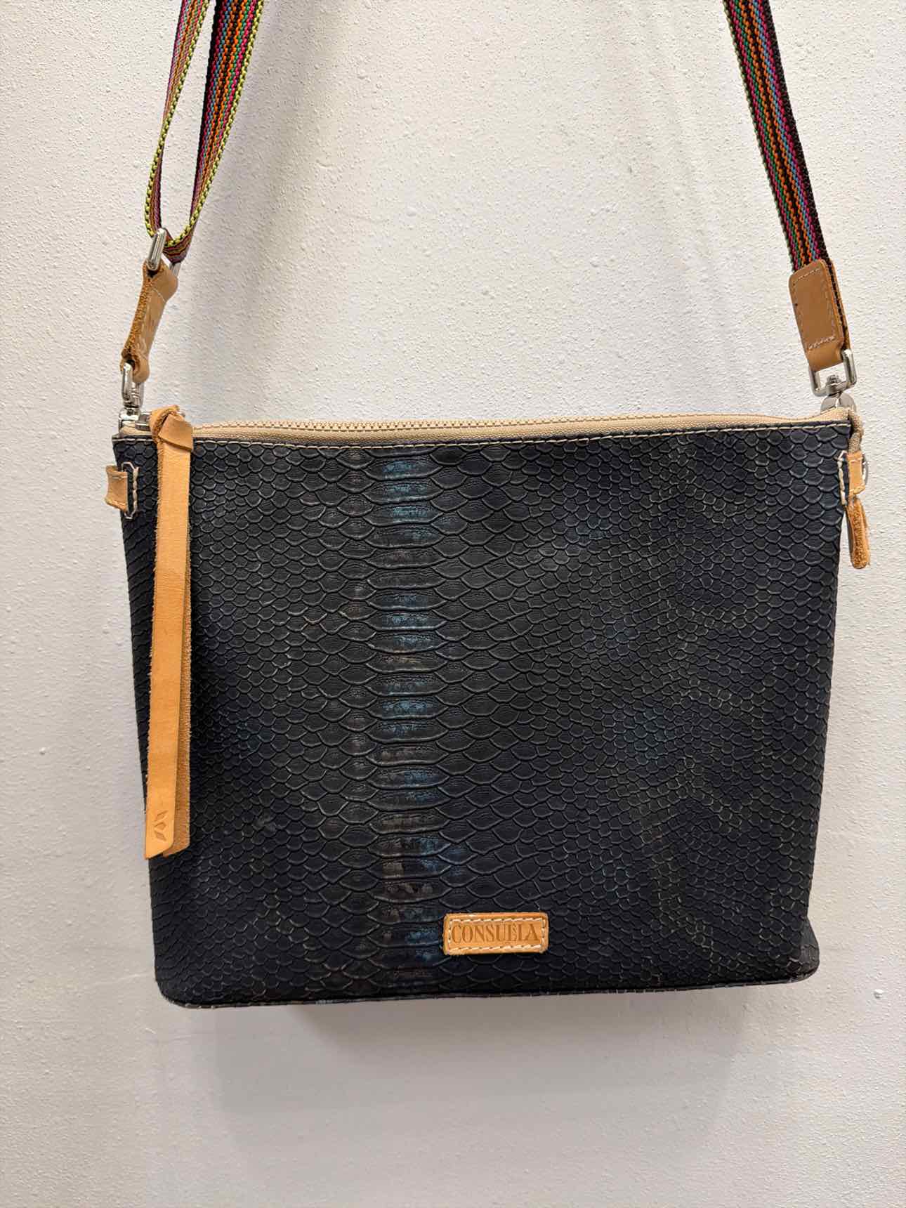Consuela Rattler Downtown Crossbody Snakeskin Ebossed Leather Black Handbags